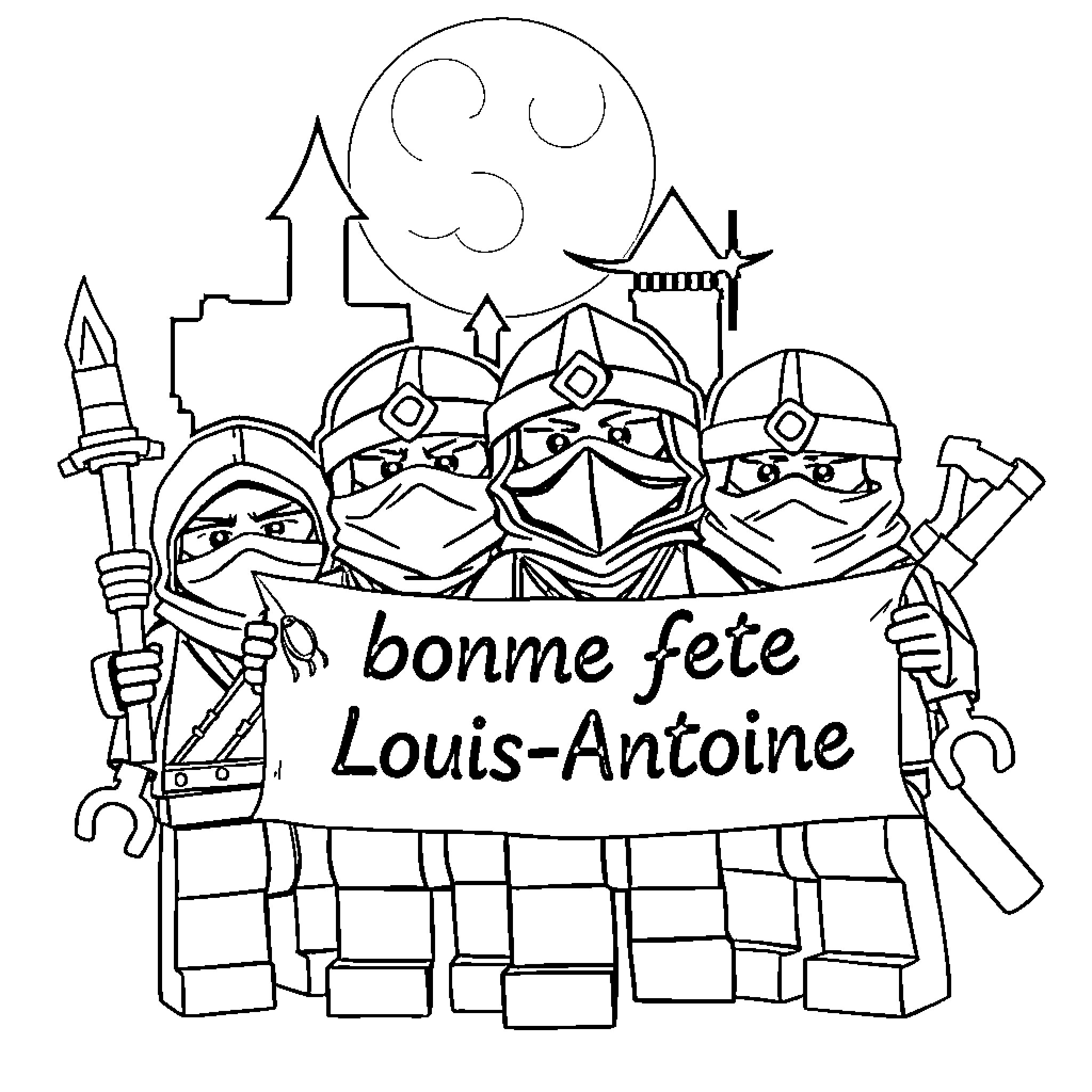 Ninjago characters holding a celebratory birthday banner Coloring Page (free black-and-white line drawing printable PDF for all, from beginners to advanced learners, including children, teens, adults, and seniors)