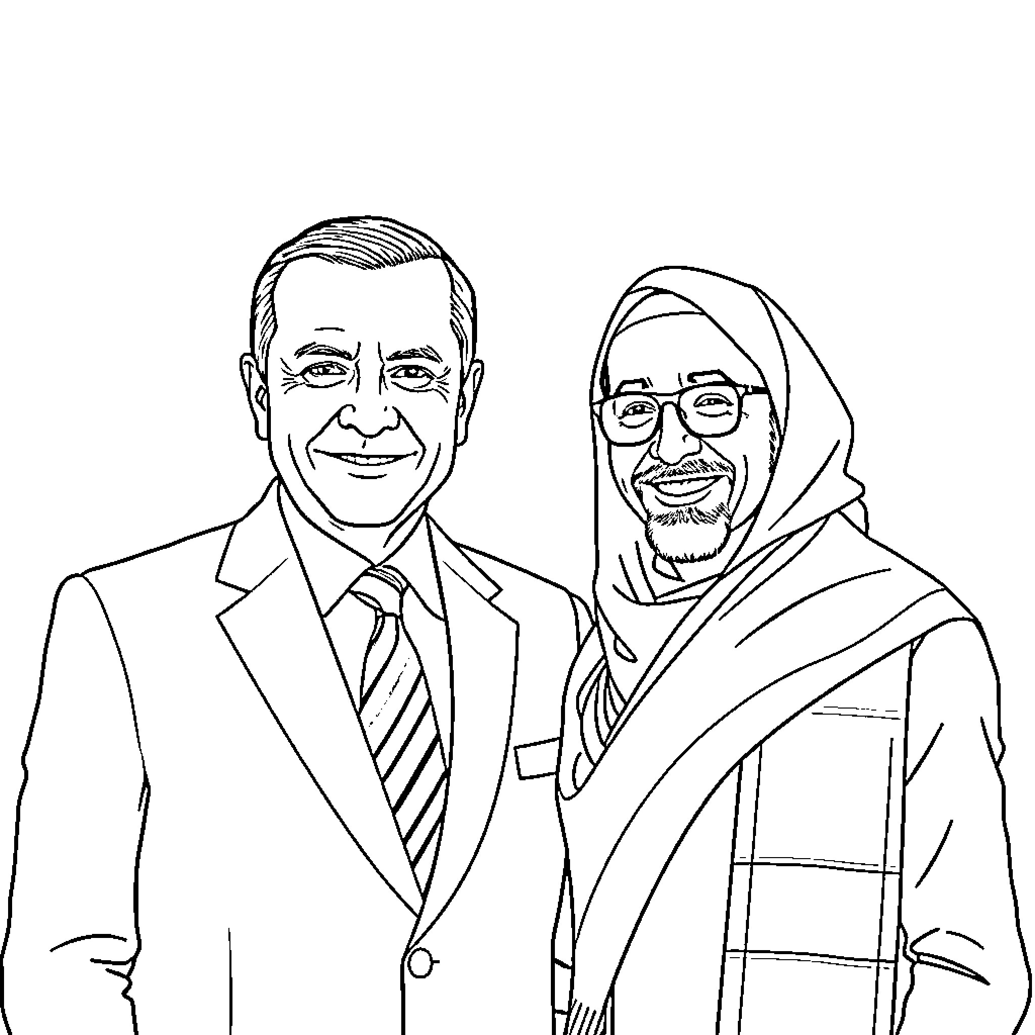 Recep Tayyip Erdoğan and Political Leader in Formal Attire Coloring Page (free black-and-white line drawing printable PDF for all, from beginners to advanced learners, including children, teens, adults, and seniors)
