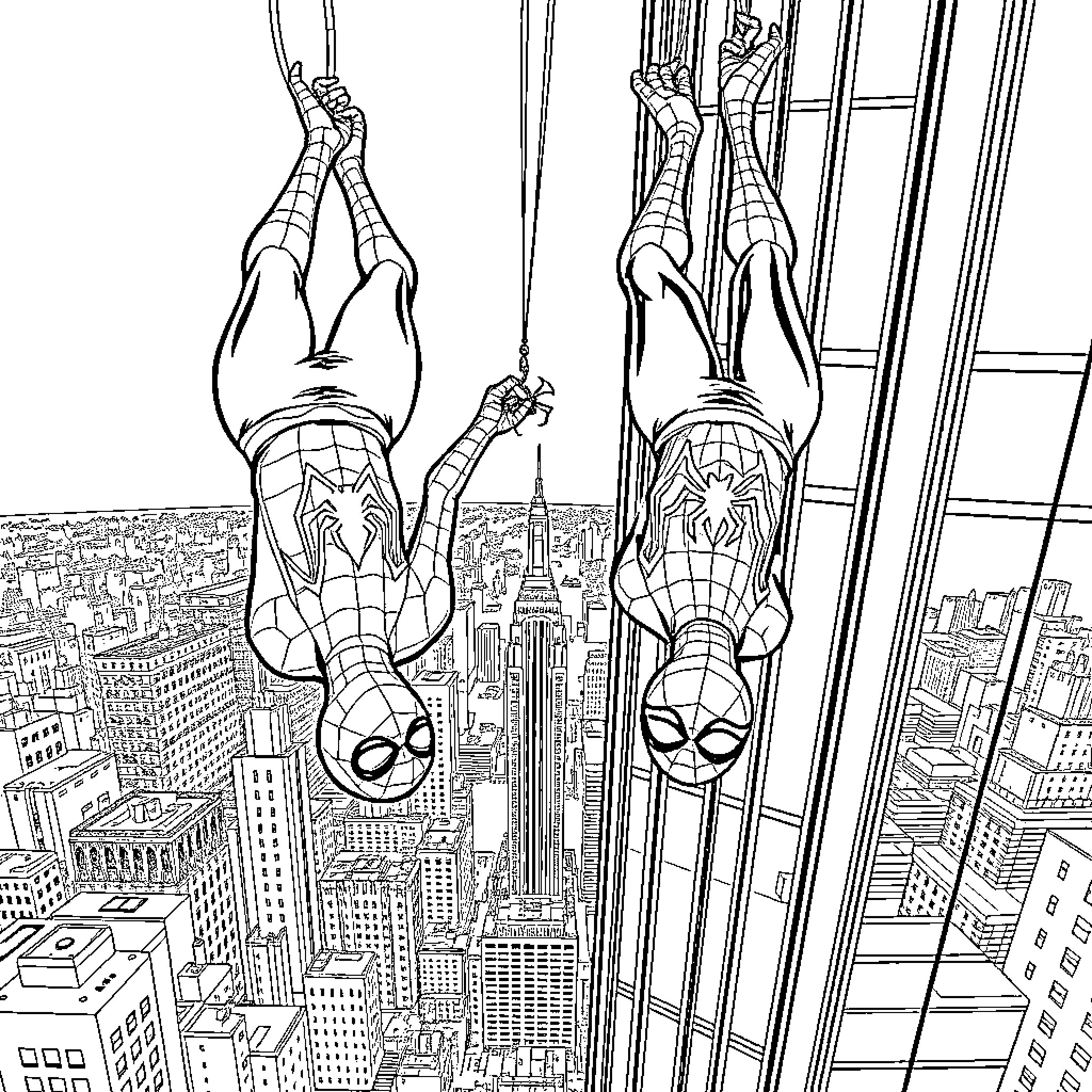 Spidermen swinging and diving over the city skyline Coloring Page (free black-and-white line drawing printable PDF for all, from beginners to advanced learners, including children, teens, adults, and seniors)