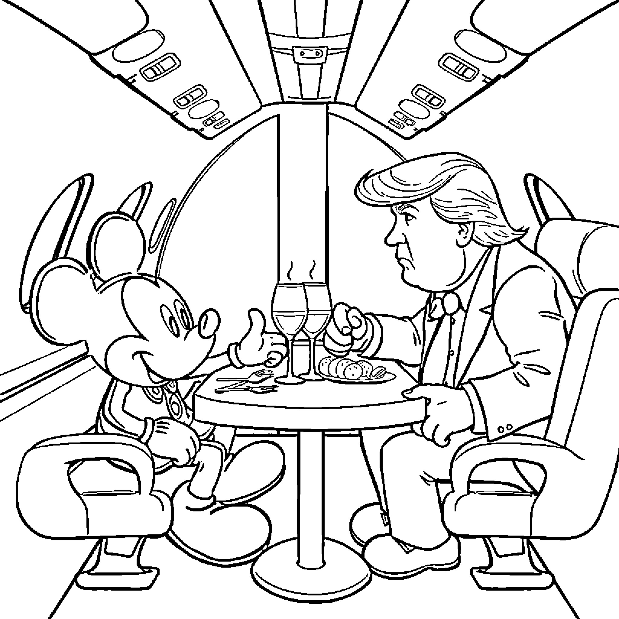 Mickey and Donald Dining Together in Cartoon Style Coloring Page (free black-and-white line drawing printable PDF for all, from beginners to advanced learners, including children, teens, adults, and seniors)
