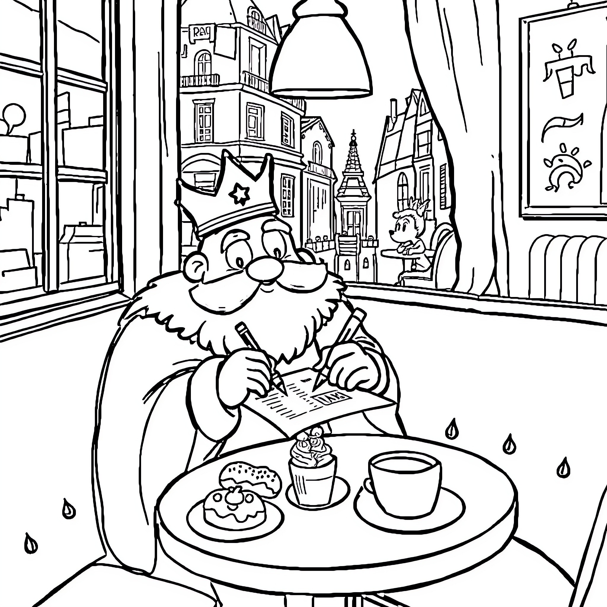 King Boo dining and writing in a cozy cafe Coloring Page (free black-and-white line drawing printable PDF for all, from beginners to advanced learners, including children, teens, adults, and seniors)