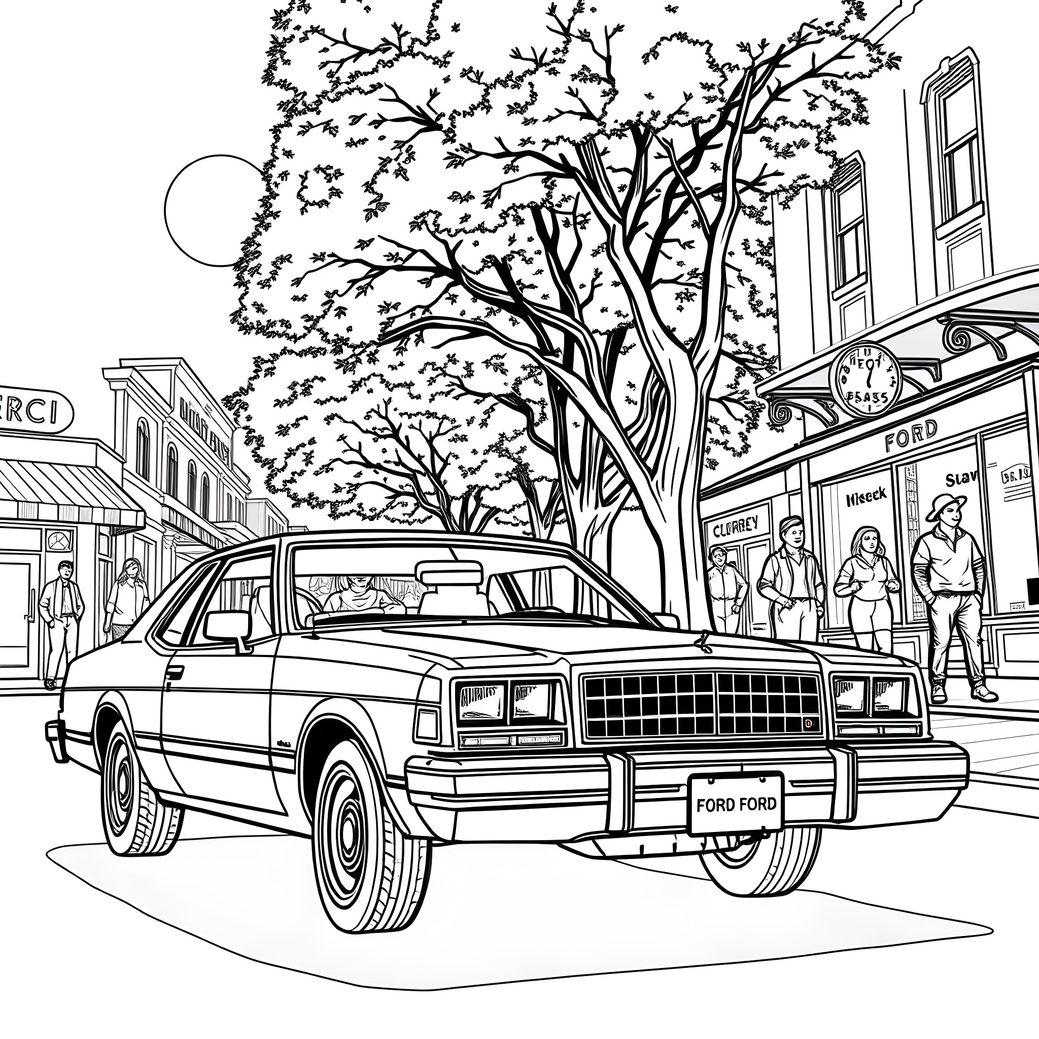 Ford car on a city street with trees and people Coloring Page (free black-and-white line drawing printable PDF for all, from beginners to advanced learners, including children, teens, adults, and seniors)