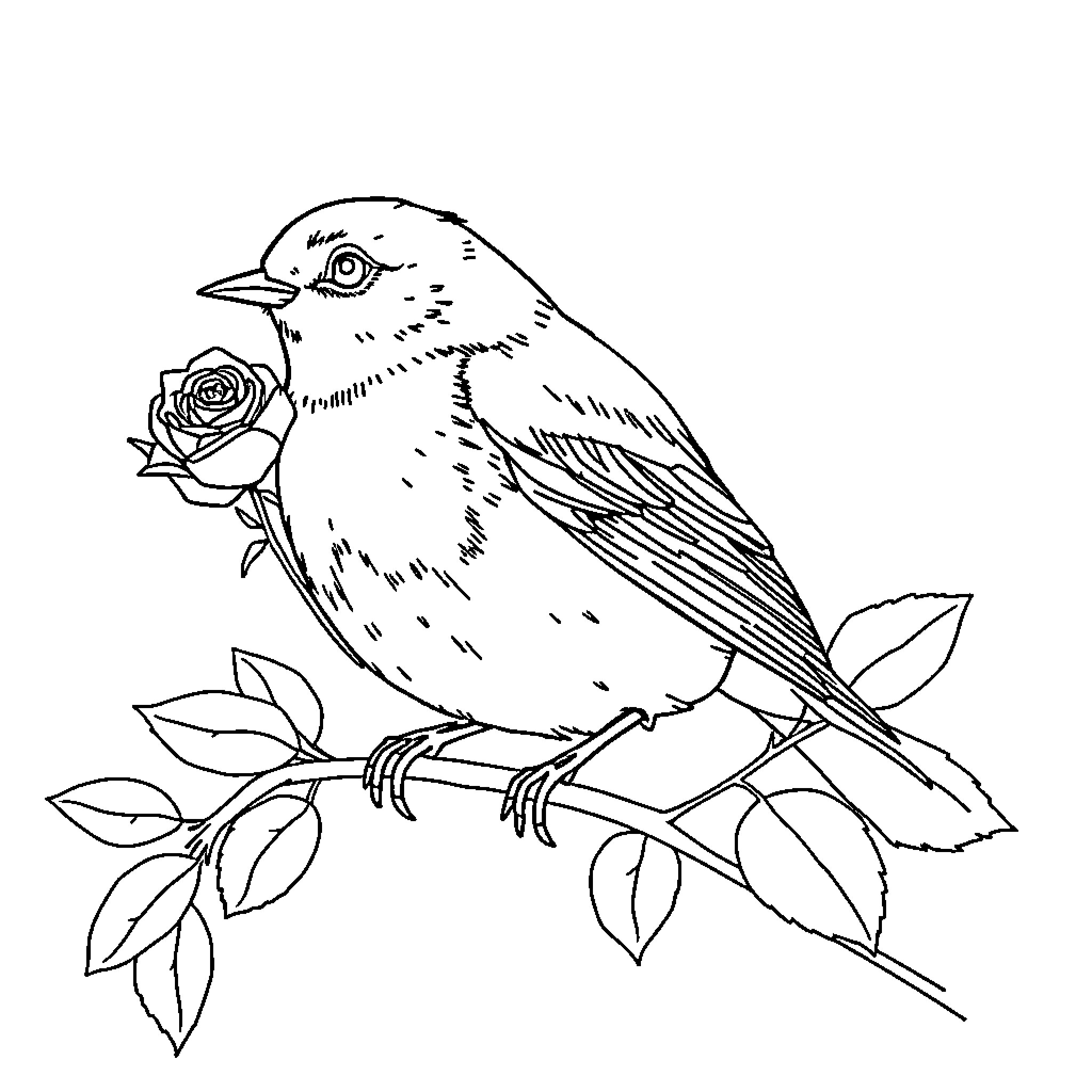 Robin bird perched on flower-filled branch Coloring Page (free black-and-white line drawing printable PDF for all, from beginners to advanced learners, including children, teens, adults, and seniors)