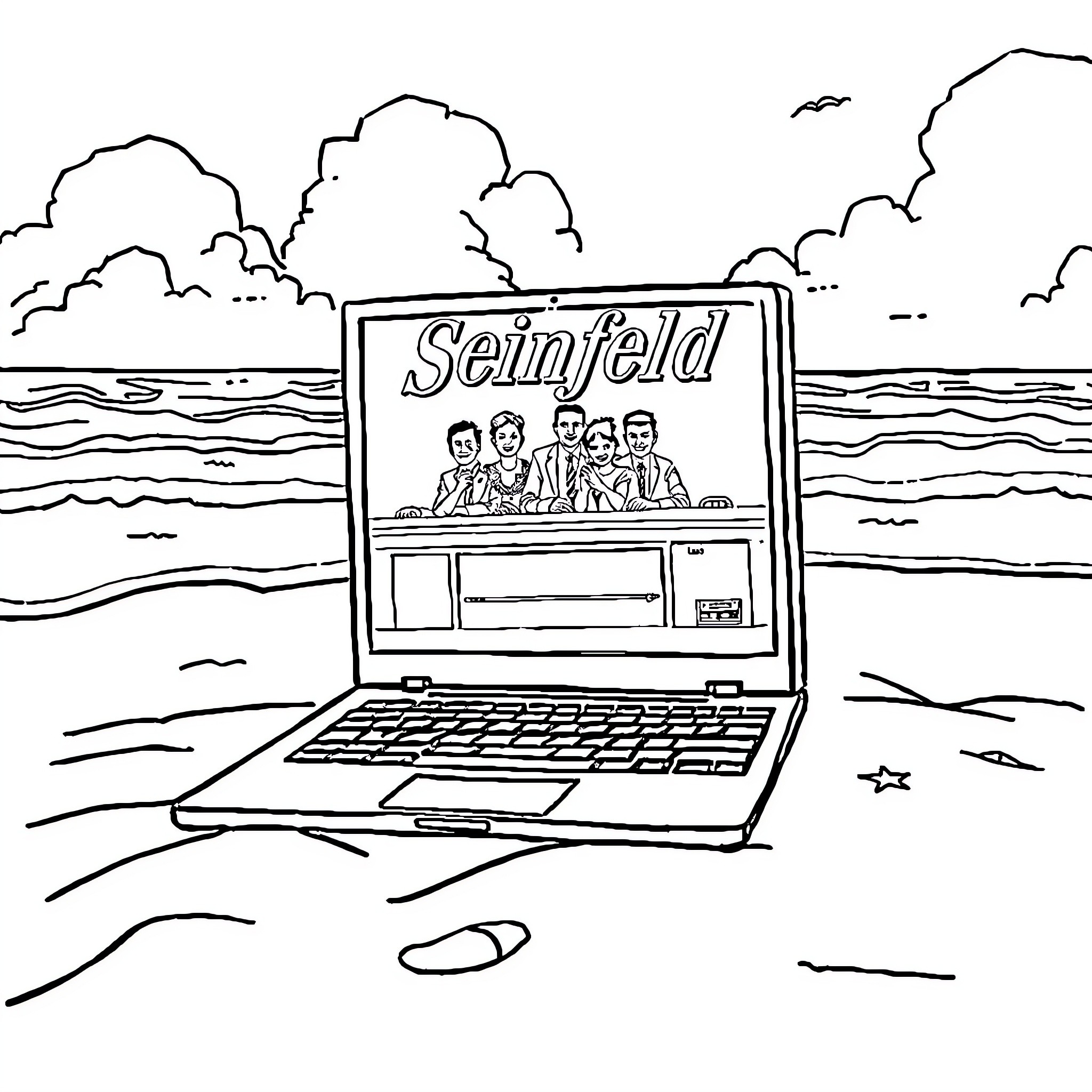 Laptop displaying group of people on the beach Coloring Page (free black-and-white line drawing printable PDF for all, from beginners to advanced learners, including children, teens, adults, and seniors)