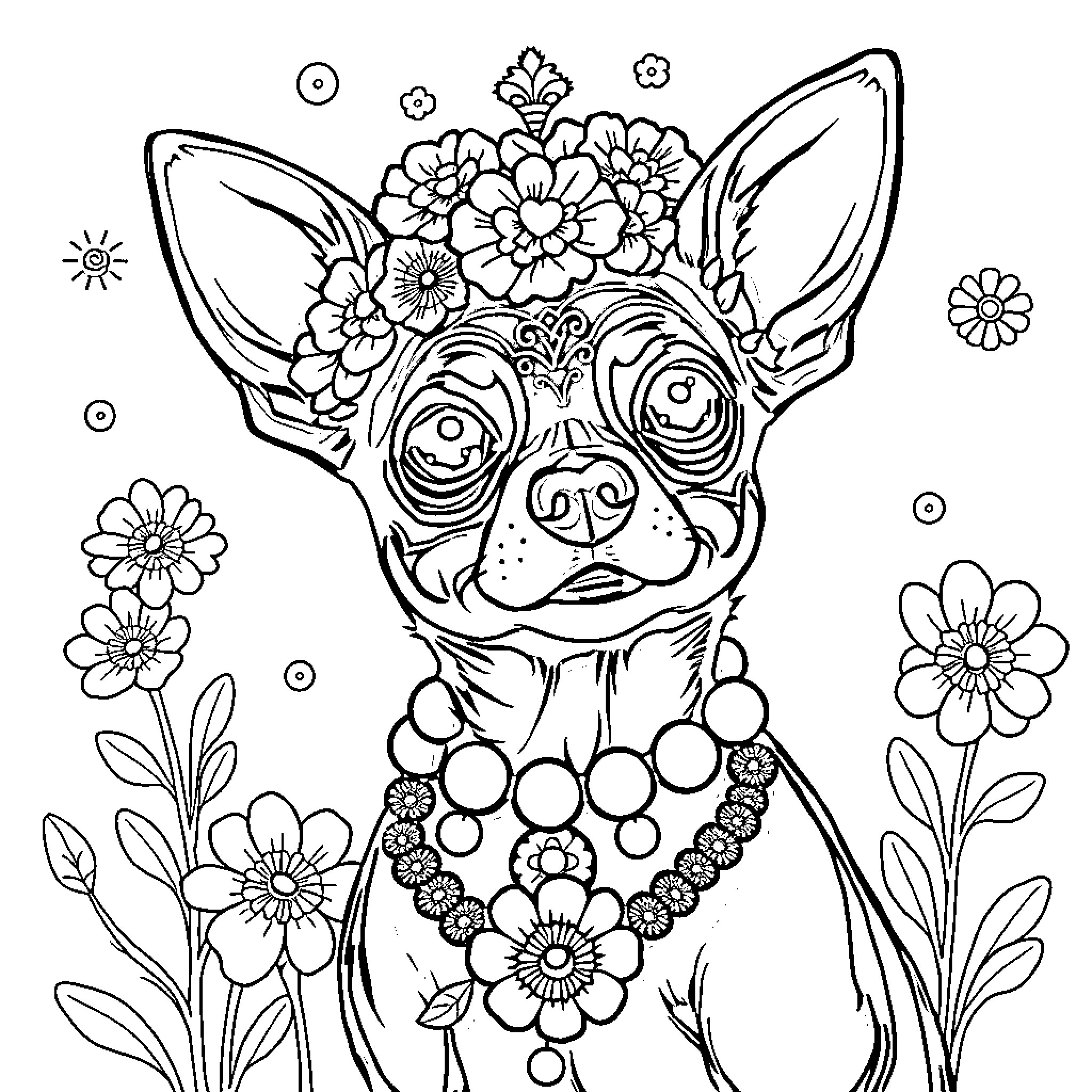 Chihuahua adorned with floral crown and jewels Coloring Page (free black-and-white line drawing printable PDF for all, from beginners to advanced learners, including children, teens, adults, and seniors)