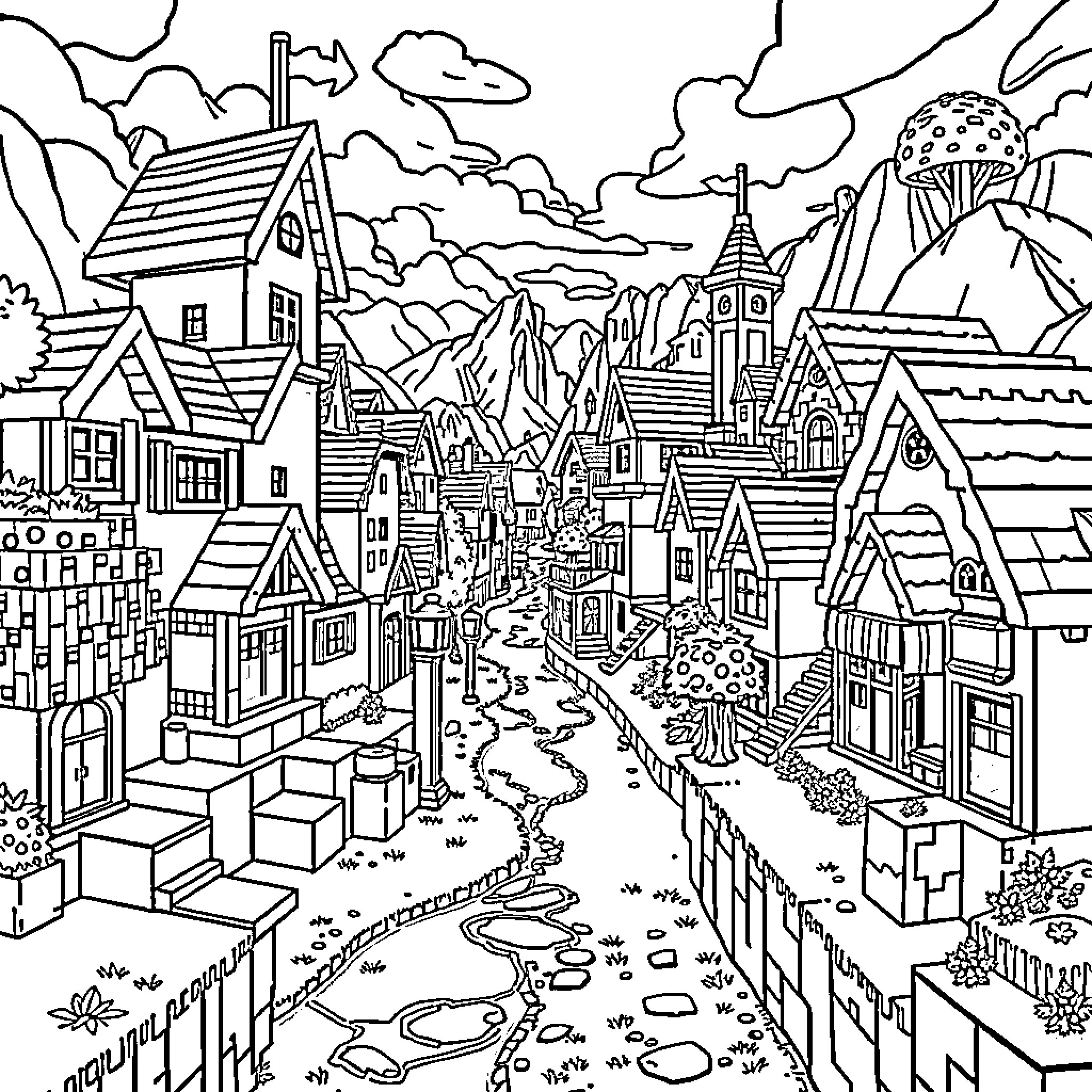 Minecraft Village with Diverse Structures and Landscapes Coloring Page (free black-and-white line drawing printable PDF for all, from beginners to advanced learners, including children, teens, adults, and seniors)
