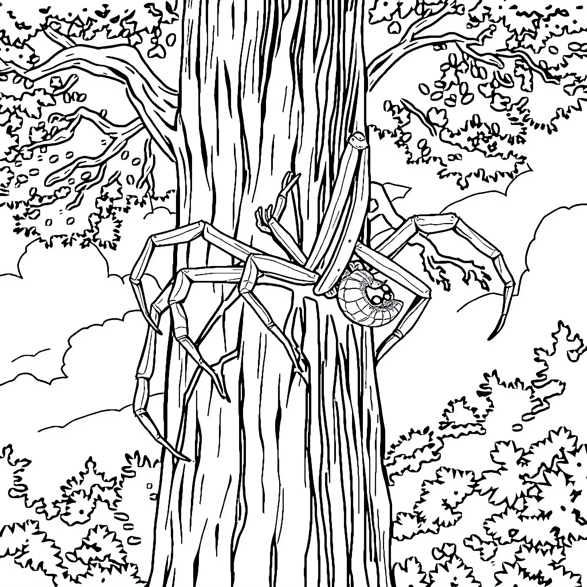 Spider lurking on the tree trunk Coloring Page (free black-and-white line drawing printable PDF for all, from beginners to advanced learners, including children, teens, adults, and seniors)