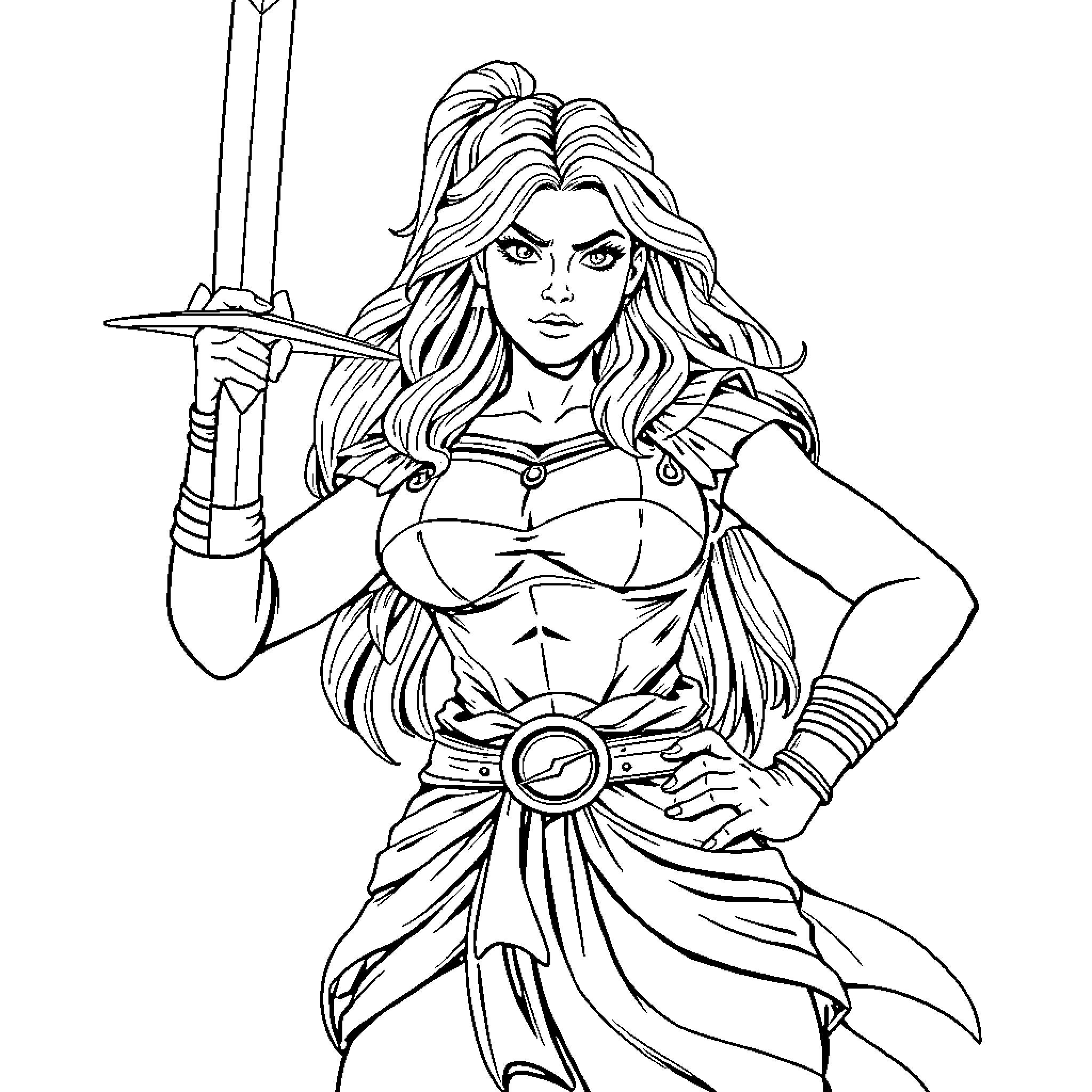 Lady warrior in battle stance with sword Coloring Page (free black-and-white line drawing printable PDF for all, from beginners to advanced learners, including children, teens, adults, and seniors)