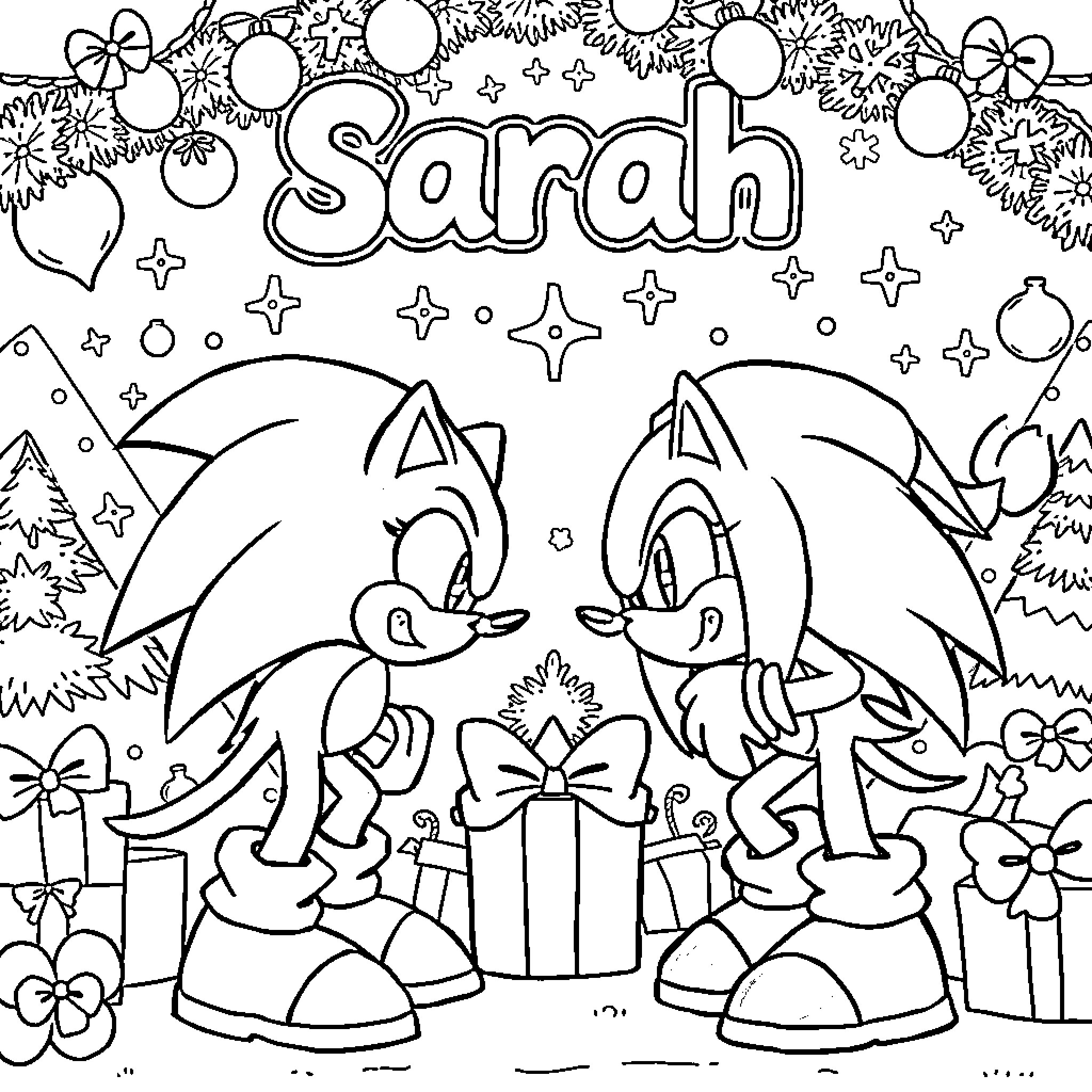 Sonic characters celebrating with gifts and decorations Coloring Page (free black-and-white line drawing printable PDF for all, from beginners to advanced learners, including children, teens, adults, and seniors)
