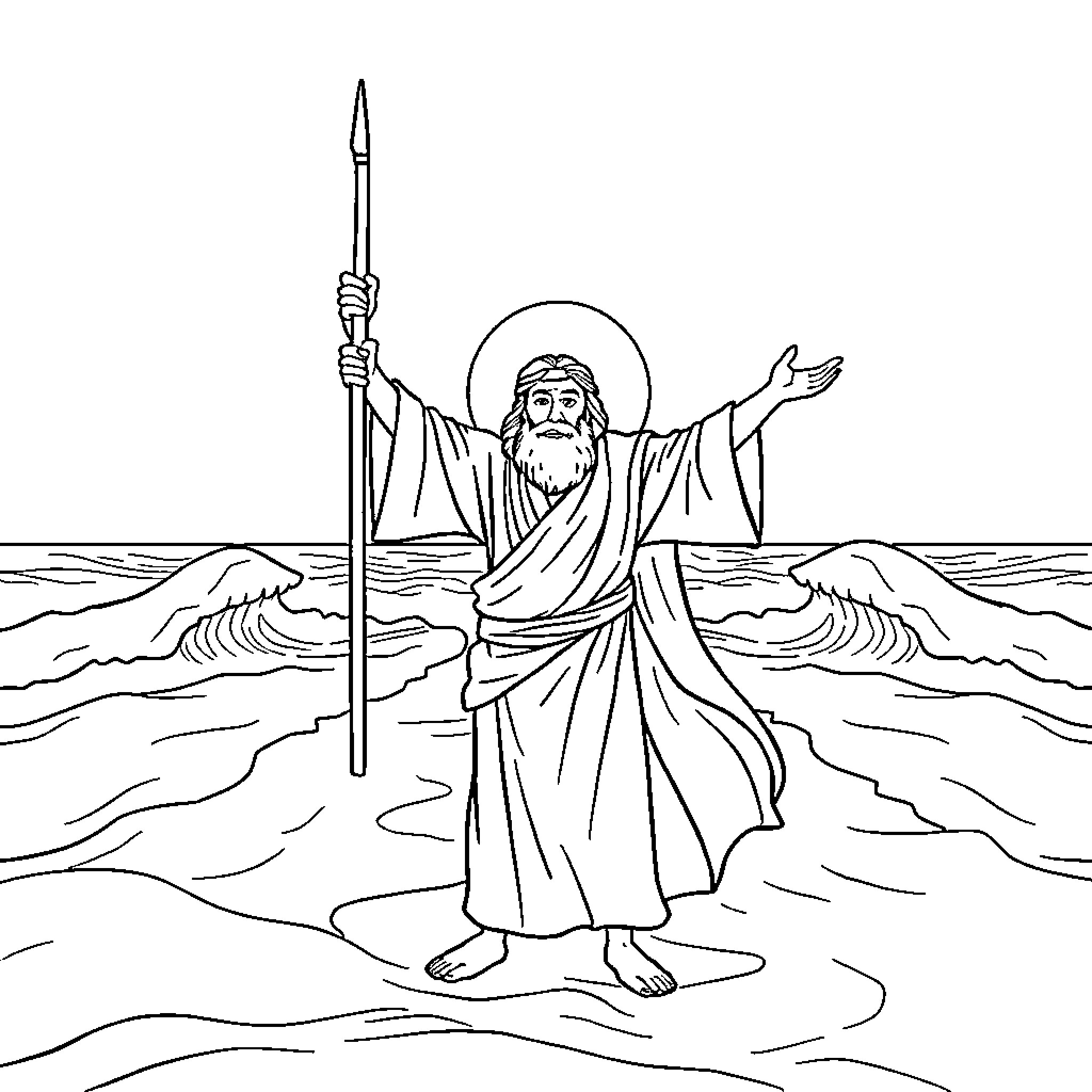 Moses commanding the parting of the sea Coloring Page (free black-and-white line drawing printable PDF for all, from beginners to advanced learners, including children, teens, adults, and seniors)