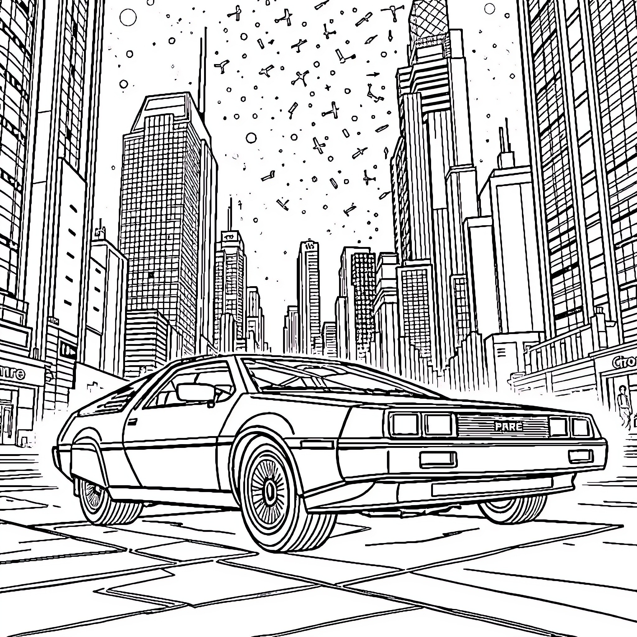 DeLorean driving in futuristic cityscape Coloring Page (free black-and-white line drawing printable PDF for all, from beginners to advanced learners, including children, teens, adults, and seniors)