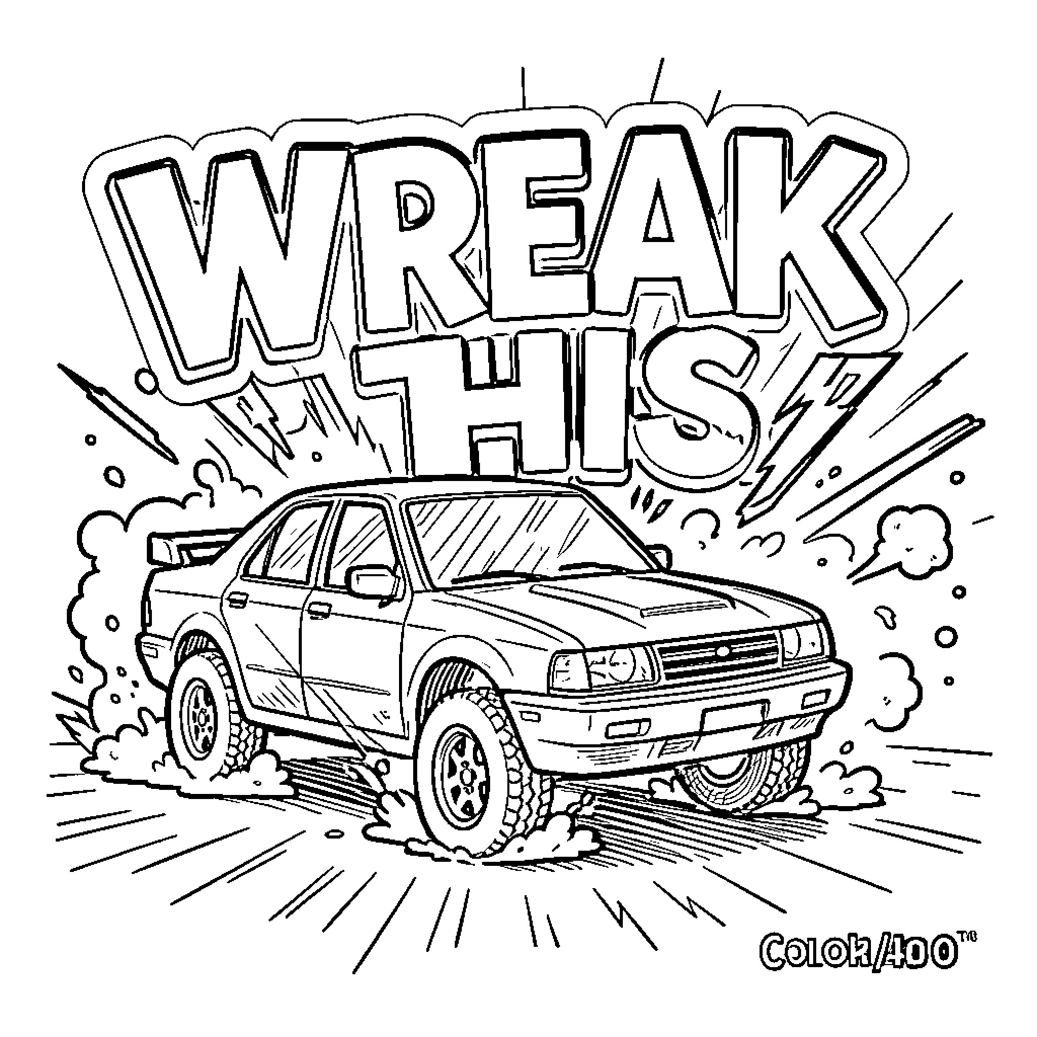 Demolition Derby Wreckage and Destruction Coloring Page (free black-and-white line drawing printable PDF for all, from beginners to advanced learners, including children, teens, adults, and seniors)