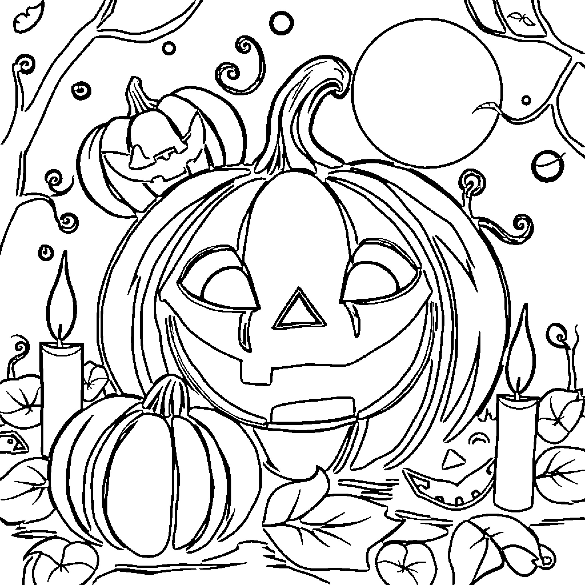 Jack-o'-lanterns smiling and celebrating Halloween Coloring Page (free black-and-white line drawing printable PDF for all, from beginners to advanced learners, including children, teens, adults, and seniors)