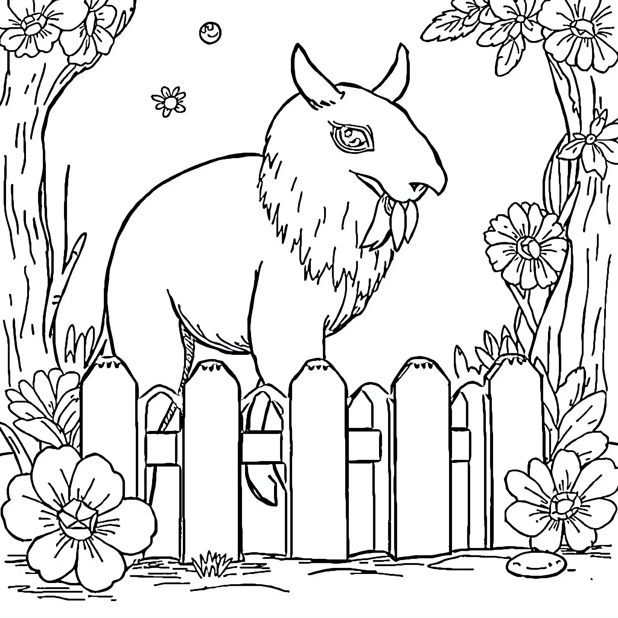 Drawing of a goat in a flower garden Coloring Page (free black-and-white line drawing printable PDF for all, from beginners to advanced learners, including children, teens, adults, and seniors)