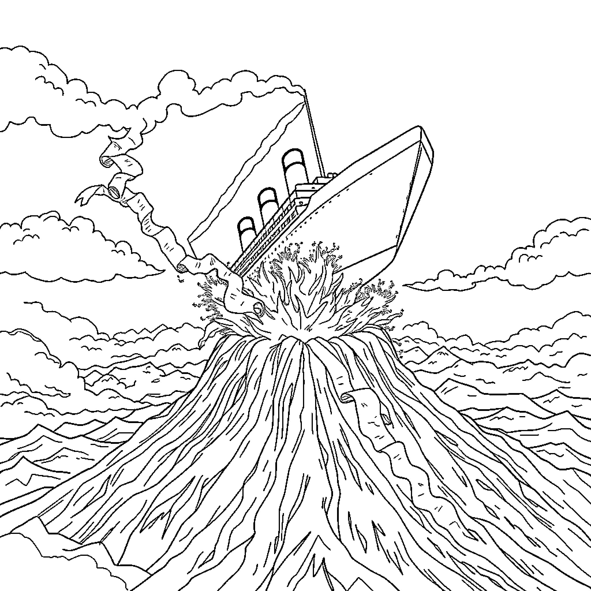 Titanic Ship Sinking in Dramatic Storm Coloring Page (free black-and-white line drawing printable PDF for all, from beginners to advanced learners, including children, teens, adults, and seniors)