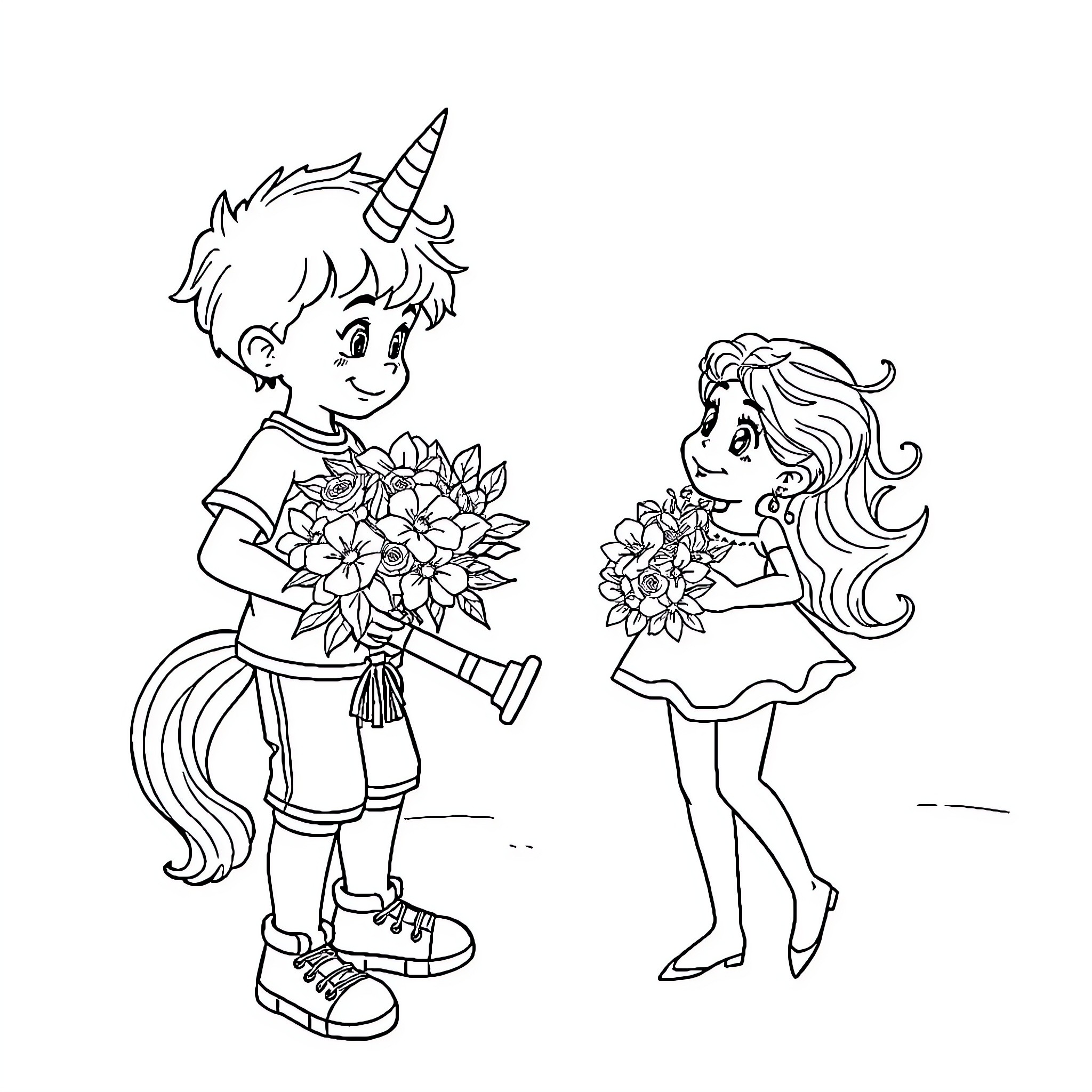 Licorne characters sharing flowers with joy Coloring Page (free black-and-white line drawing printable PDF for all, from beginners to advanced learners, including children, teens, adults, and seniors)