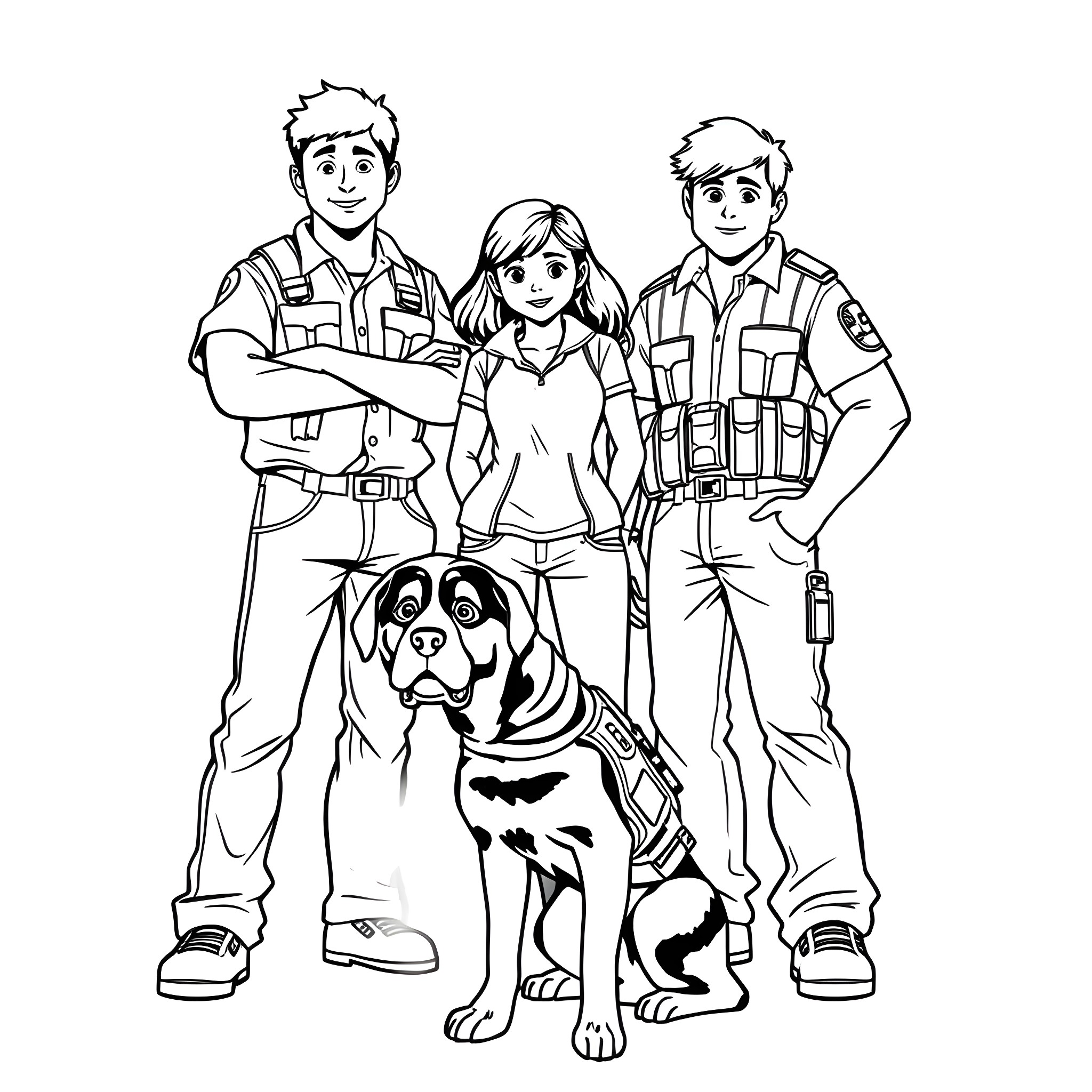 Girl with police officers and dog Coloring Page (free black-and-white line drawing printable PDF for all, from beginners to advanced learners, including children, teens, adults, and seniors)