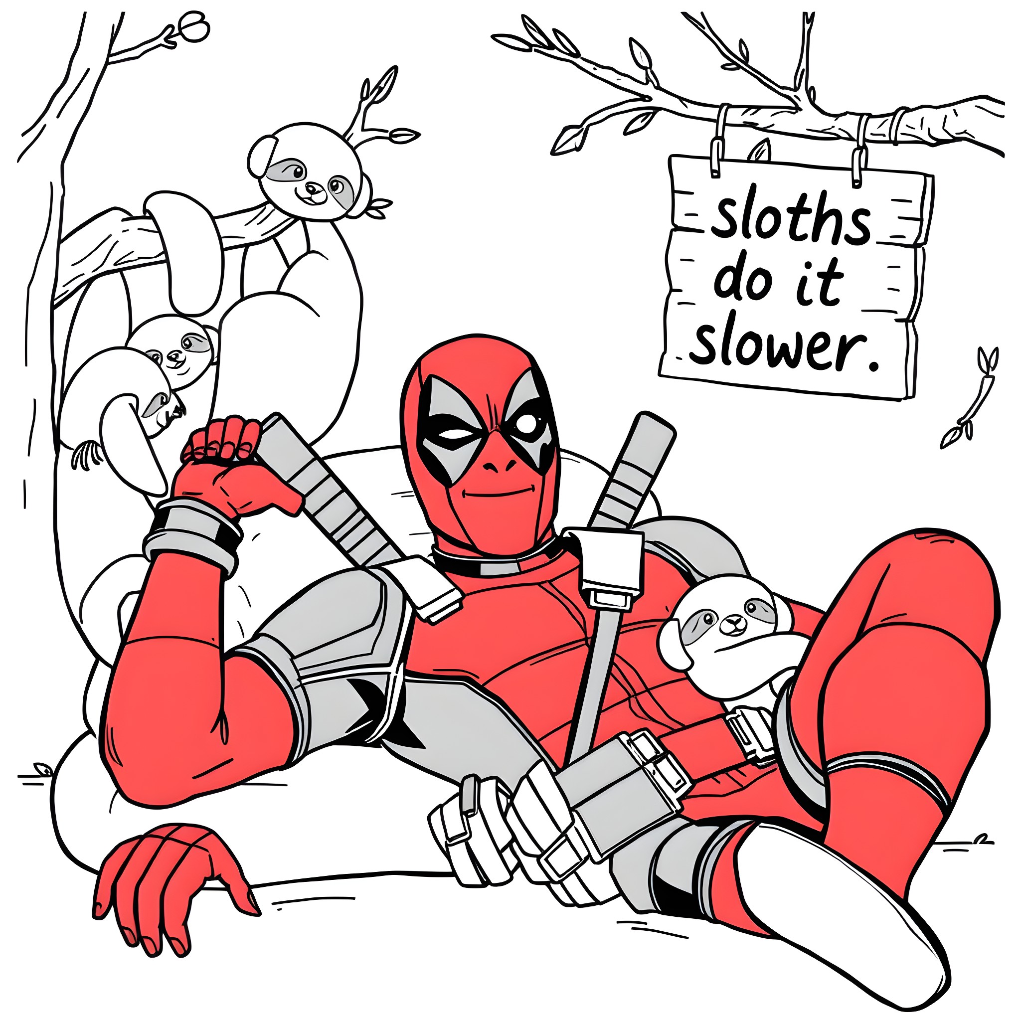 Deadpool's Relaxing Sloth Encounter Coloring Page (free black-and-white line drawing printable PDF for all, from beginners to advanced learners, including children, teens, adults, and seniors)