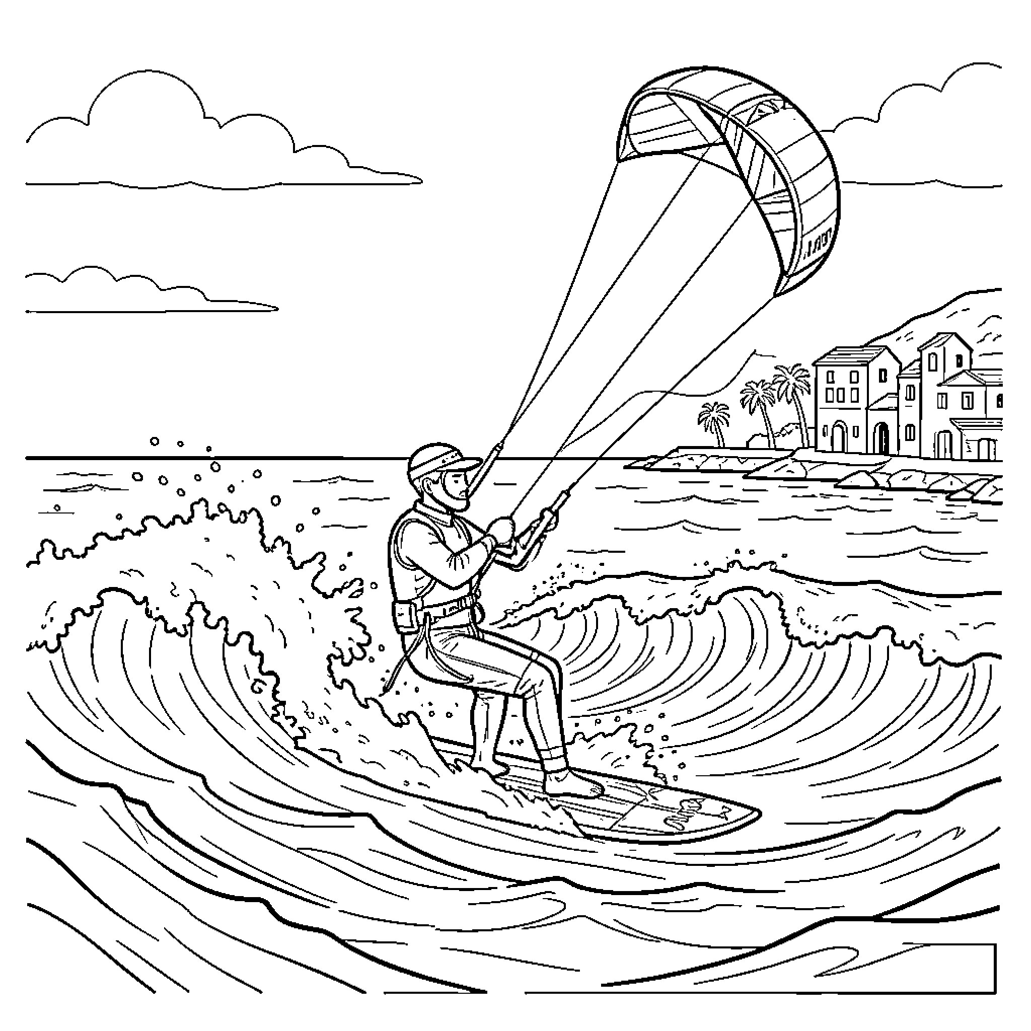 Kitesurfer riding large ocean waves under a bright sky Coloring Page (free black-and-white line drawing printable PDF for all, from beginners to advanced learners, including children, teens, adults, and seniors)