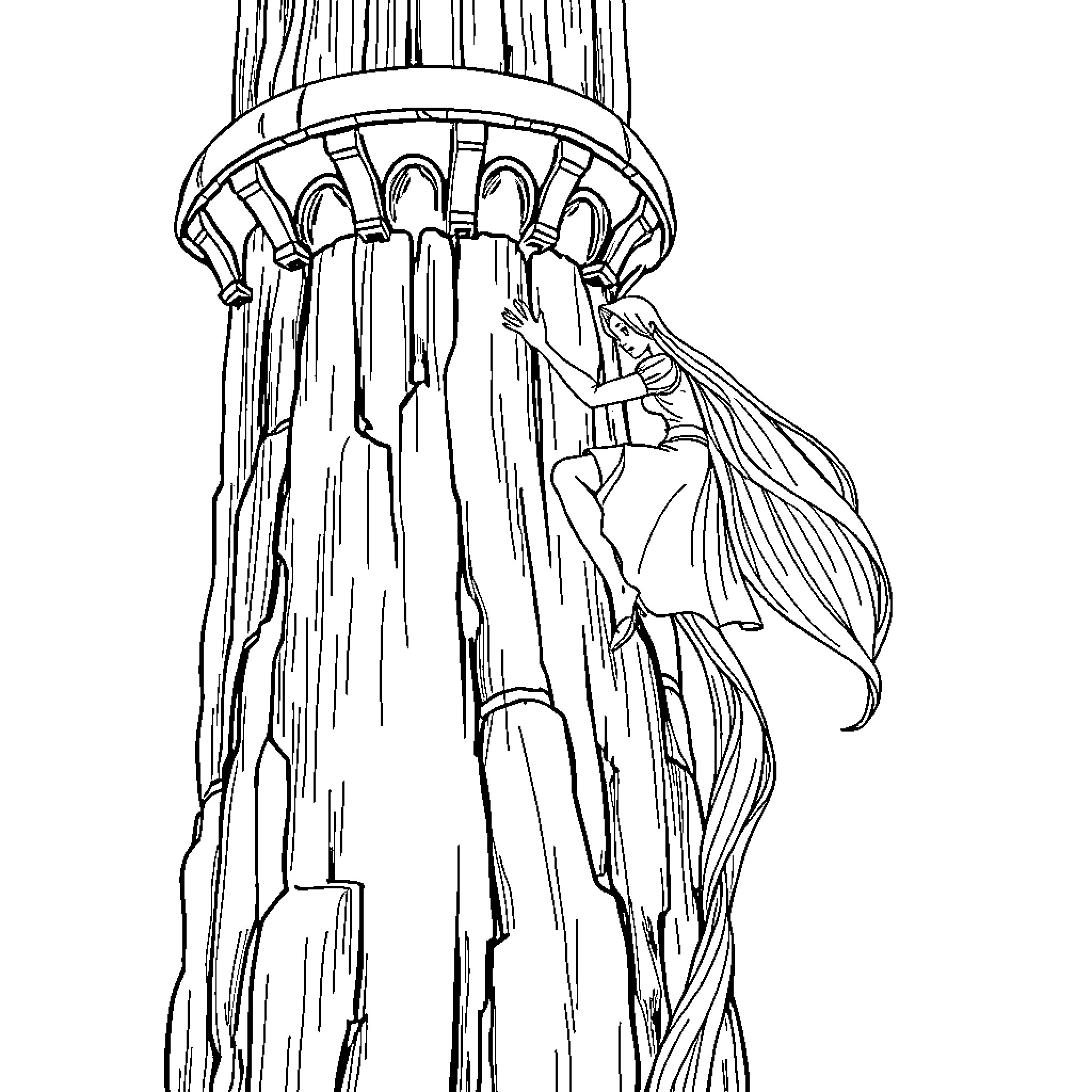Rapunzel admiring her long flowing hair in the tower Coloring Page (free black-and-white line drawing printable PDF for all, from beginners to advanced learners, including children, teens, adults, and seniors)