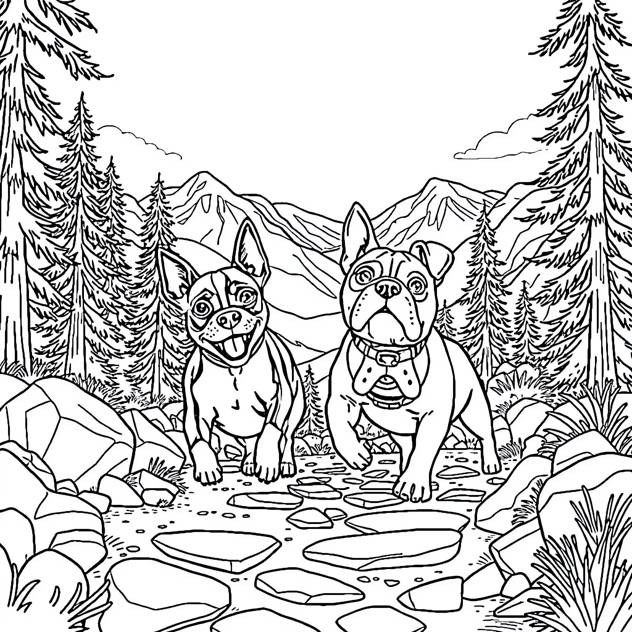 Dog friends exploring the mountain wilderness Coloring Page (free black-and-white line drawing printable PDF for all, from beginners to advanced learners, including children, teens, adults, and seniors)