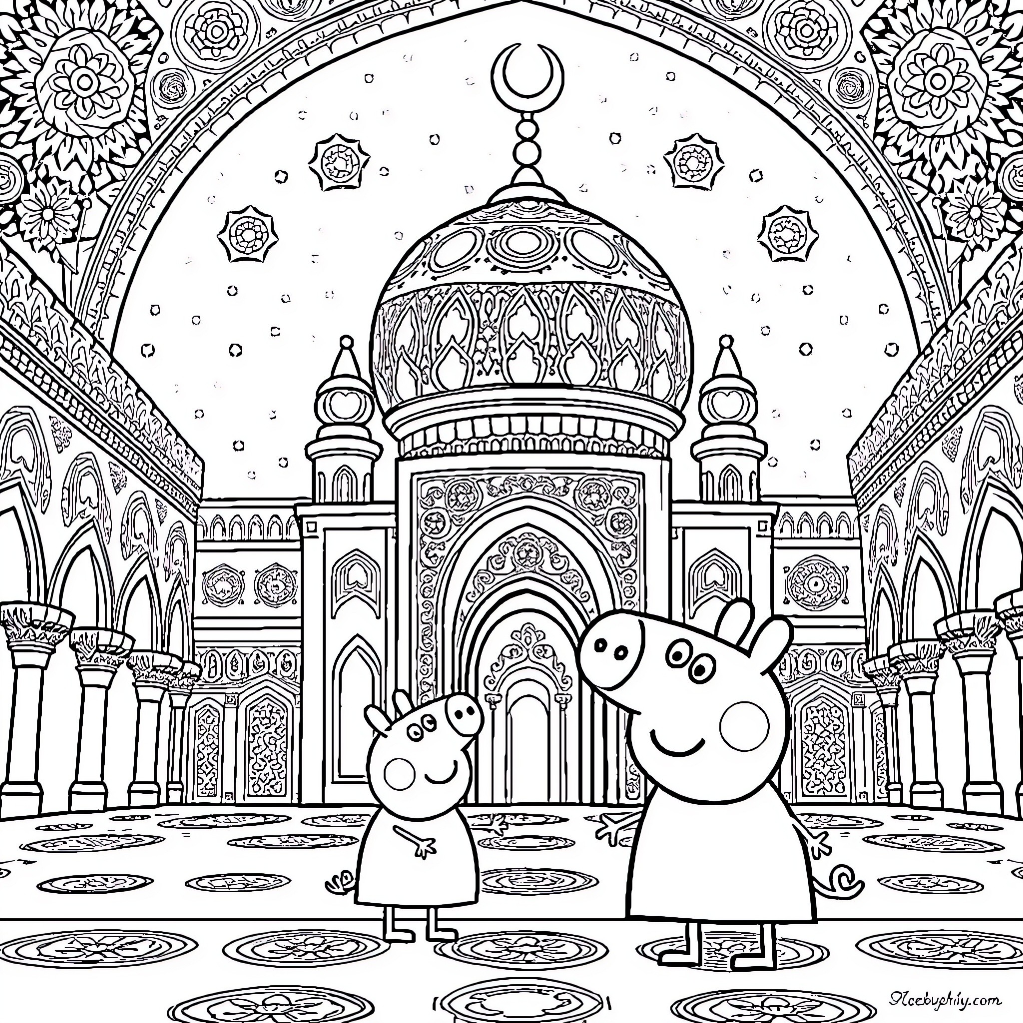 Peppa Pig and friends explore a grand, ornate palace Coloring Page (free black-and-white line drawing printable PDF for all, from beginners to advanced learners, including children, teens, adults, and seniors)