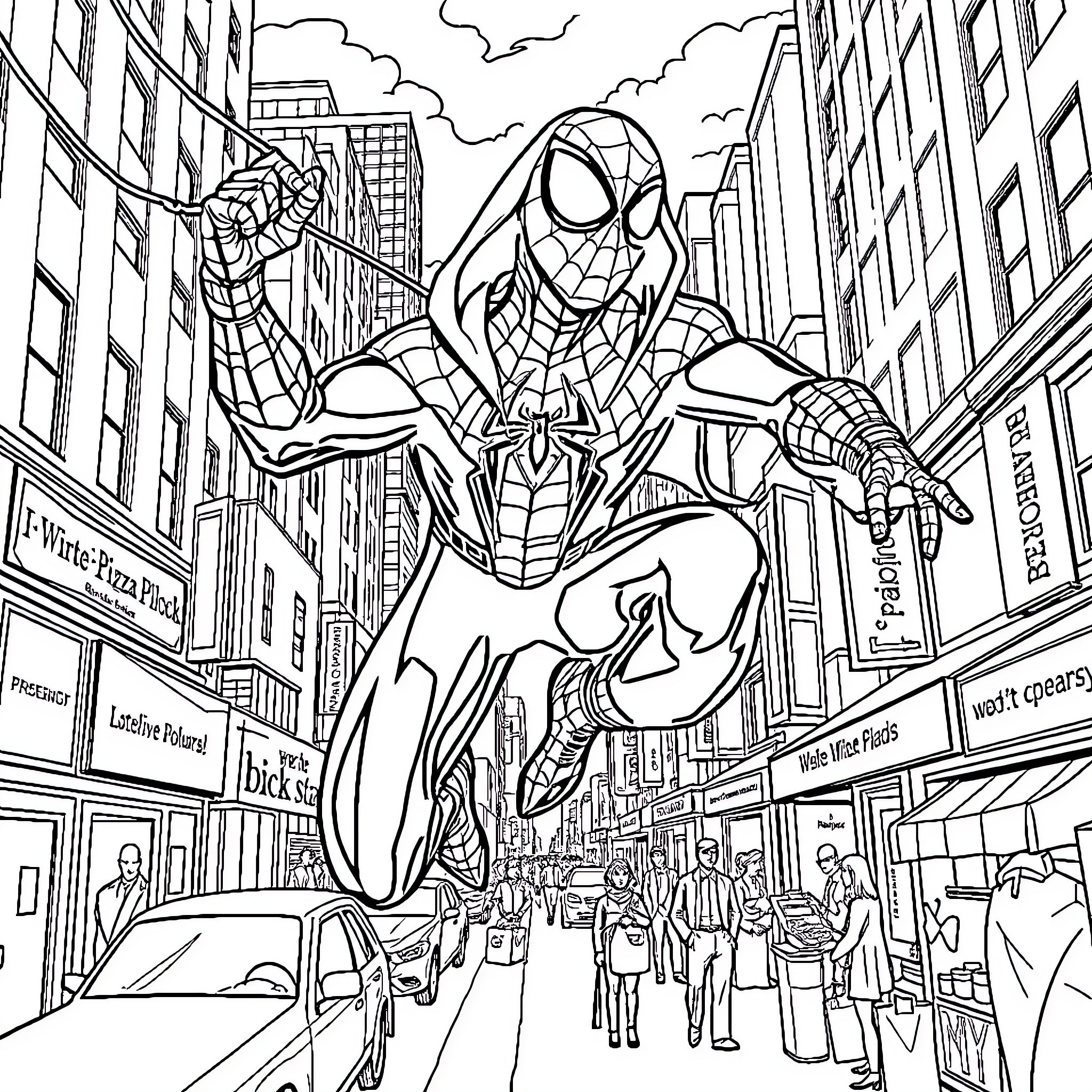 Spiderman swinging through the city streets Coloring Page (free black-and-white line drawing printable PDF for all, from beginners to advanced learners, including children, teens, adults, and seniors)