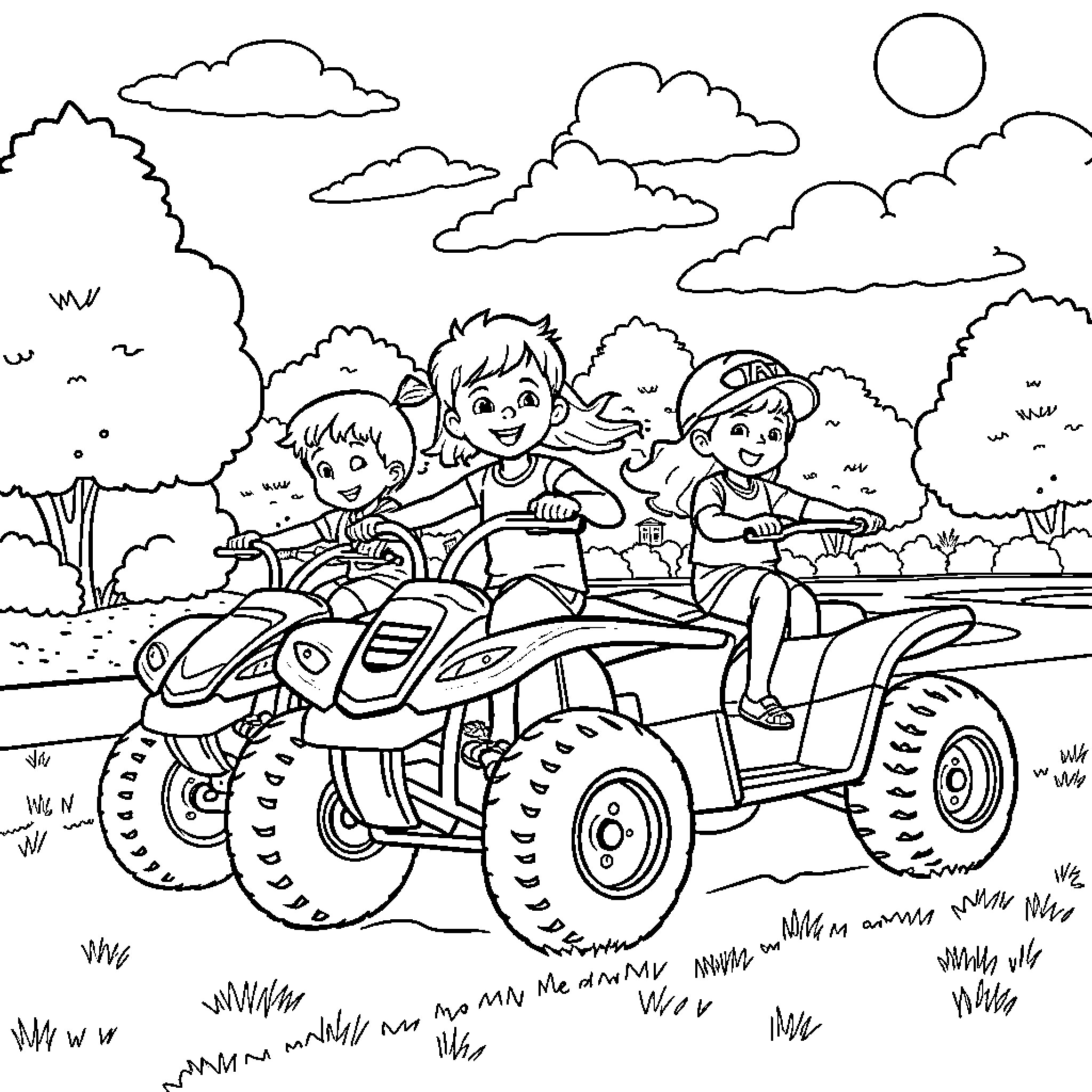 Kid having fun on ATV in nature Coloring Page (free black-and-white line drawing printable PDF for all, from beginners to advanced learners, including children, teens, adults, and seniors)