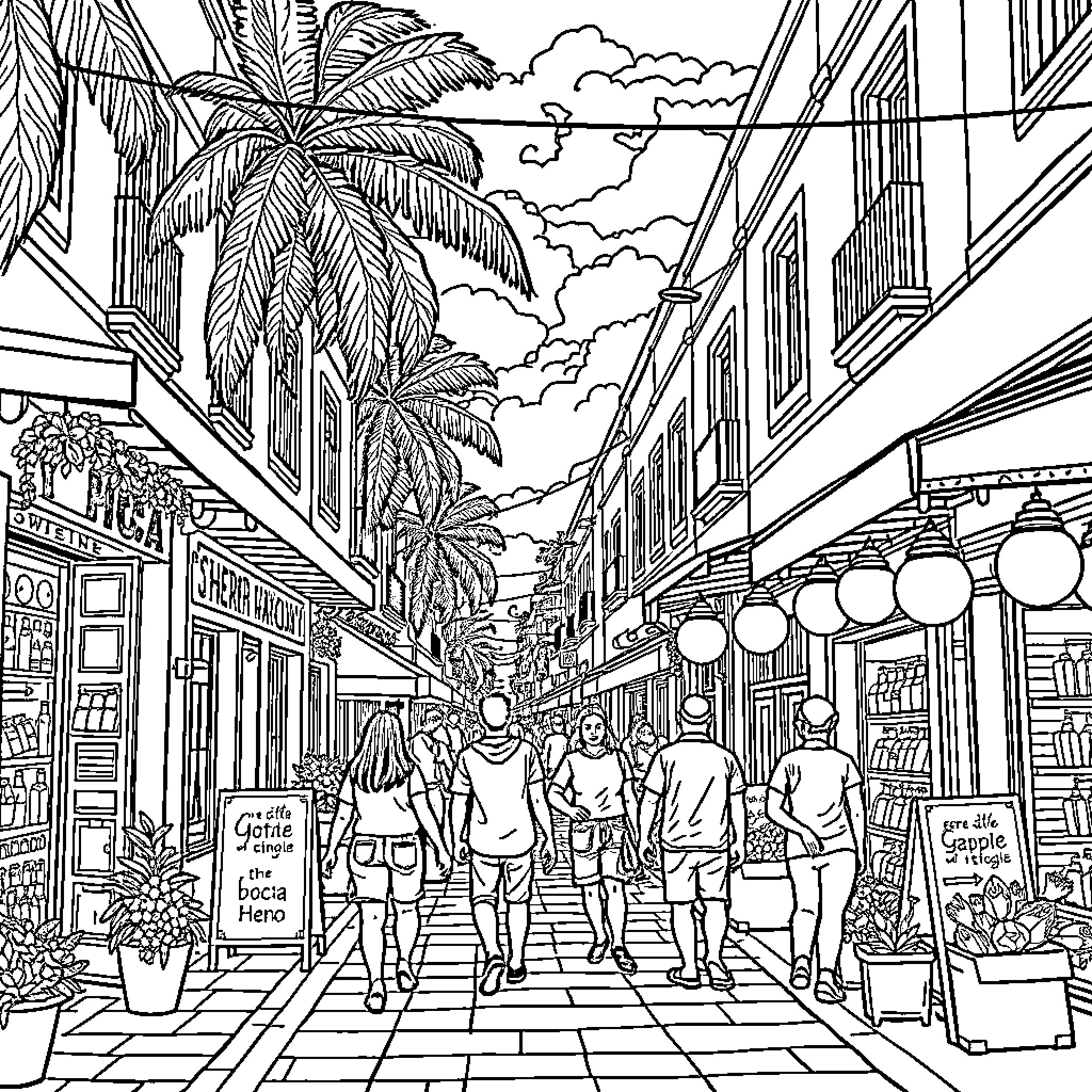 Boca Raton Stroll: Bustling Street Scene with Palm Trees Coloring Page (free black-and-white line drawing printable PDF for all, from beginners to advanced learners, including children, teens, adults, and seniors)