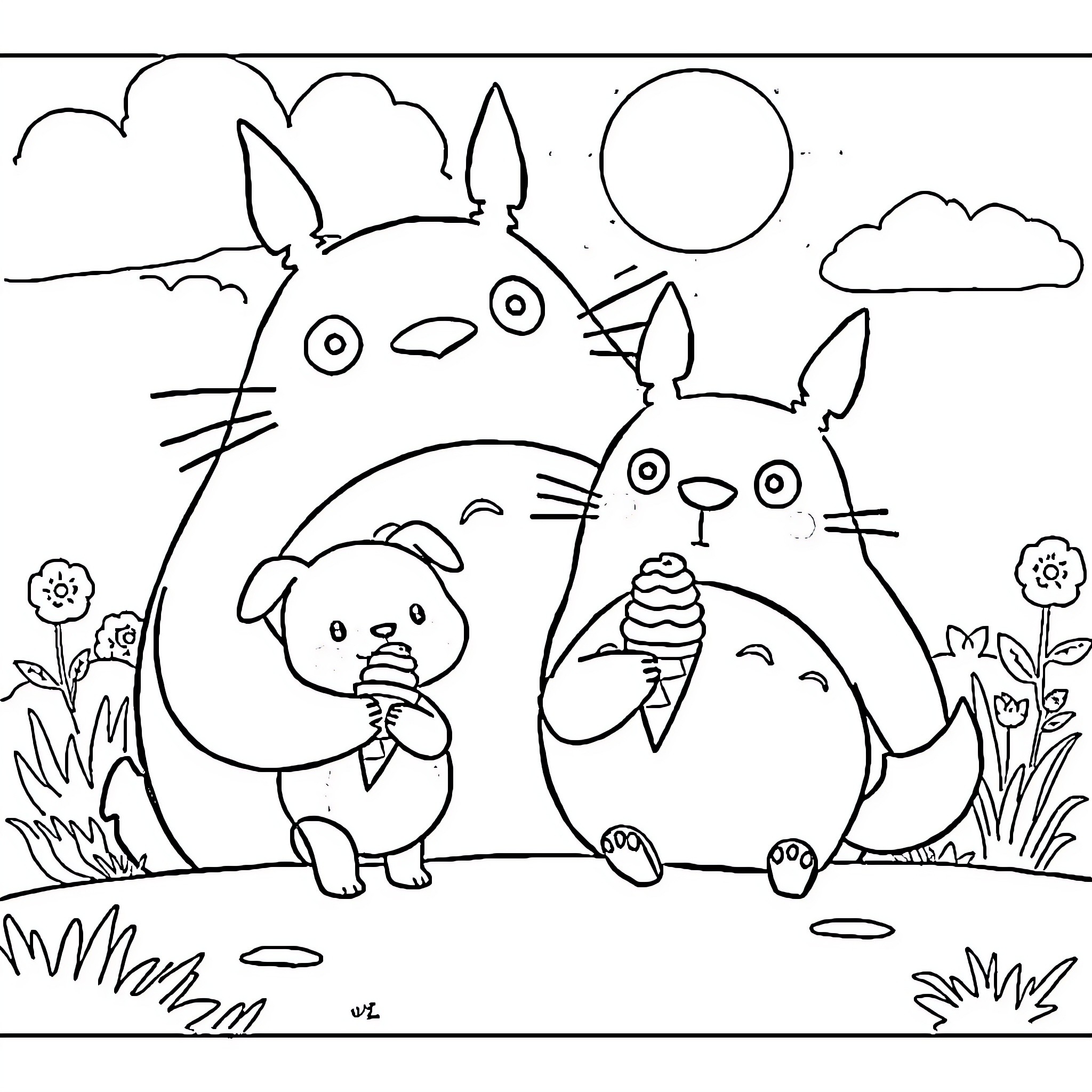 Pompompurin and friends enjoy a sunny day outdoors Coloring Page (free black-and-white line drawing printable PDF for all, from beginners to advanced learners, including children, teens, adults, and seniors)