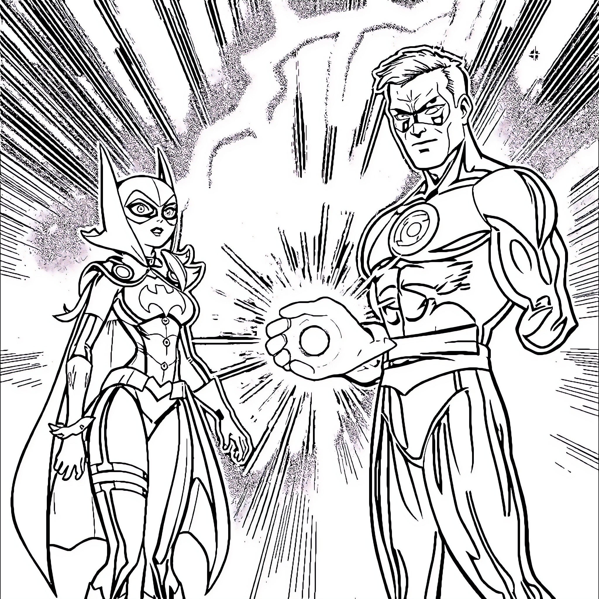 Green Lantern and Heroine Team Up for Action Coloring Page (free black-and-white line drawing printable PDF for all, from beginners to advanced learners, including children, teens, adults, and seniors)