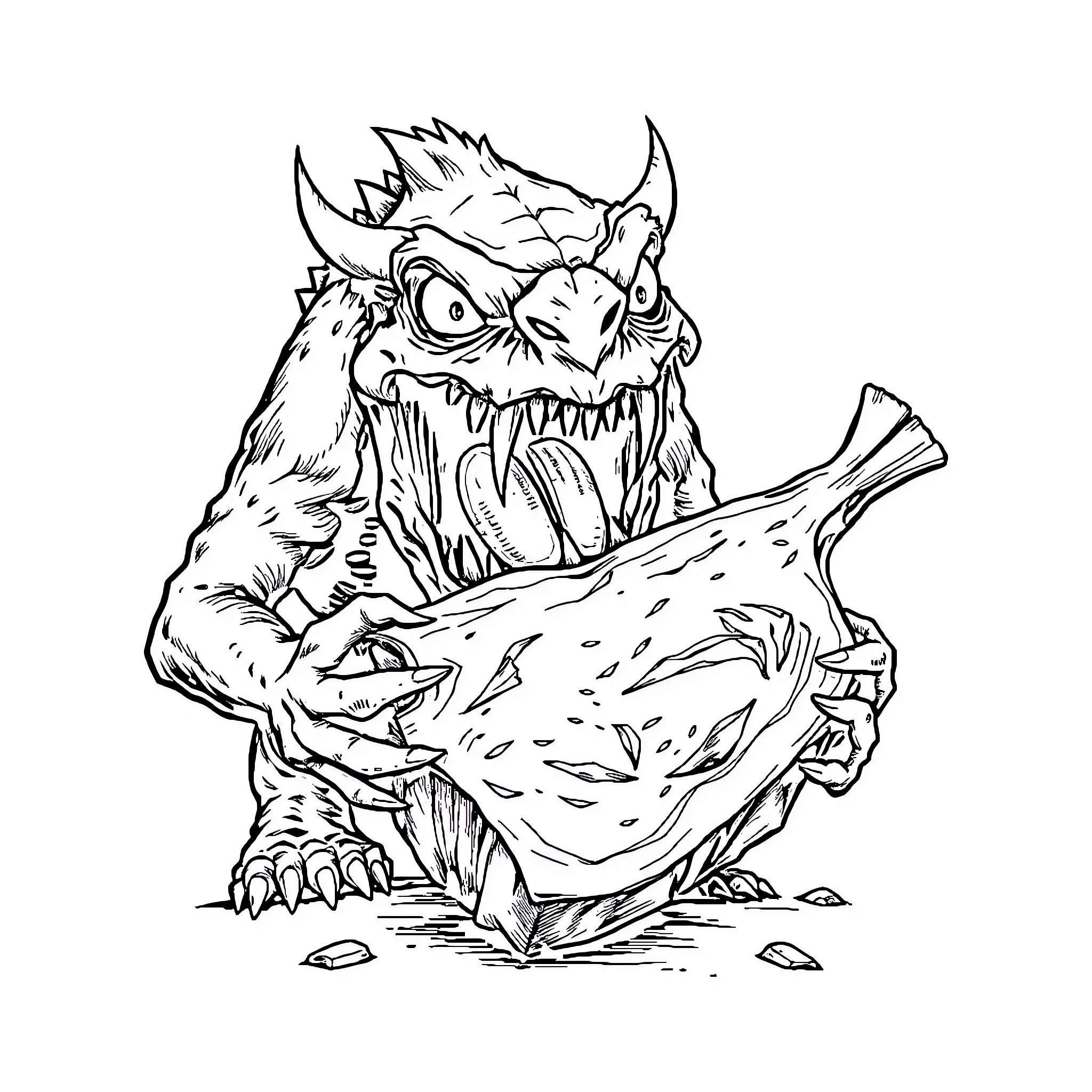 Monster Creature Growling and Baring Teeth Coloring Page (free black-and-white line drawing printable PDF for all, from beginners to advanced learners, including children, teens, adults, and seniors)