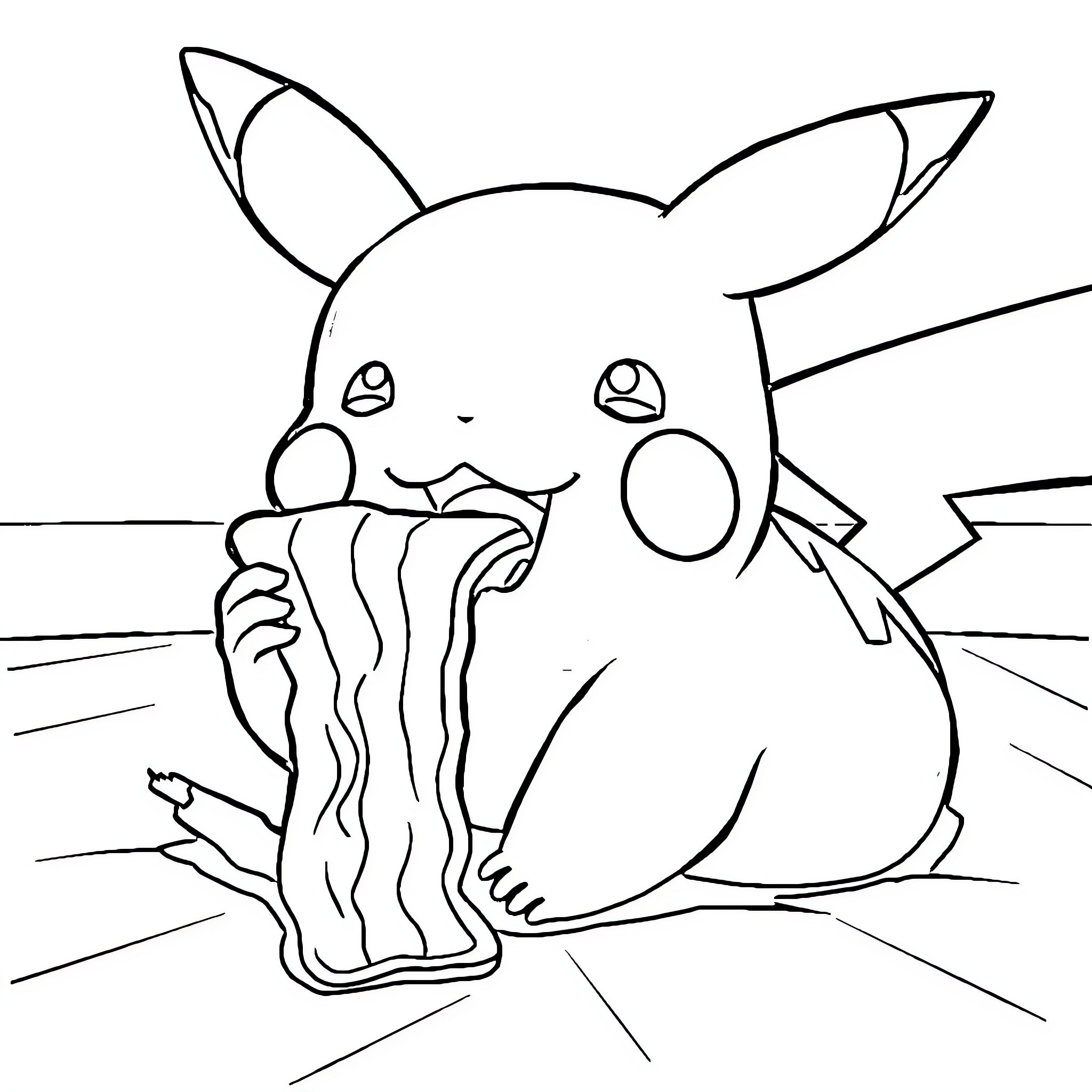 Pikachu enjoying a big snack Coloring Page (free black-and-white line drawing printable PDF for all, from beginners to advanced learners, including children, teens, adults, and seniors)