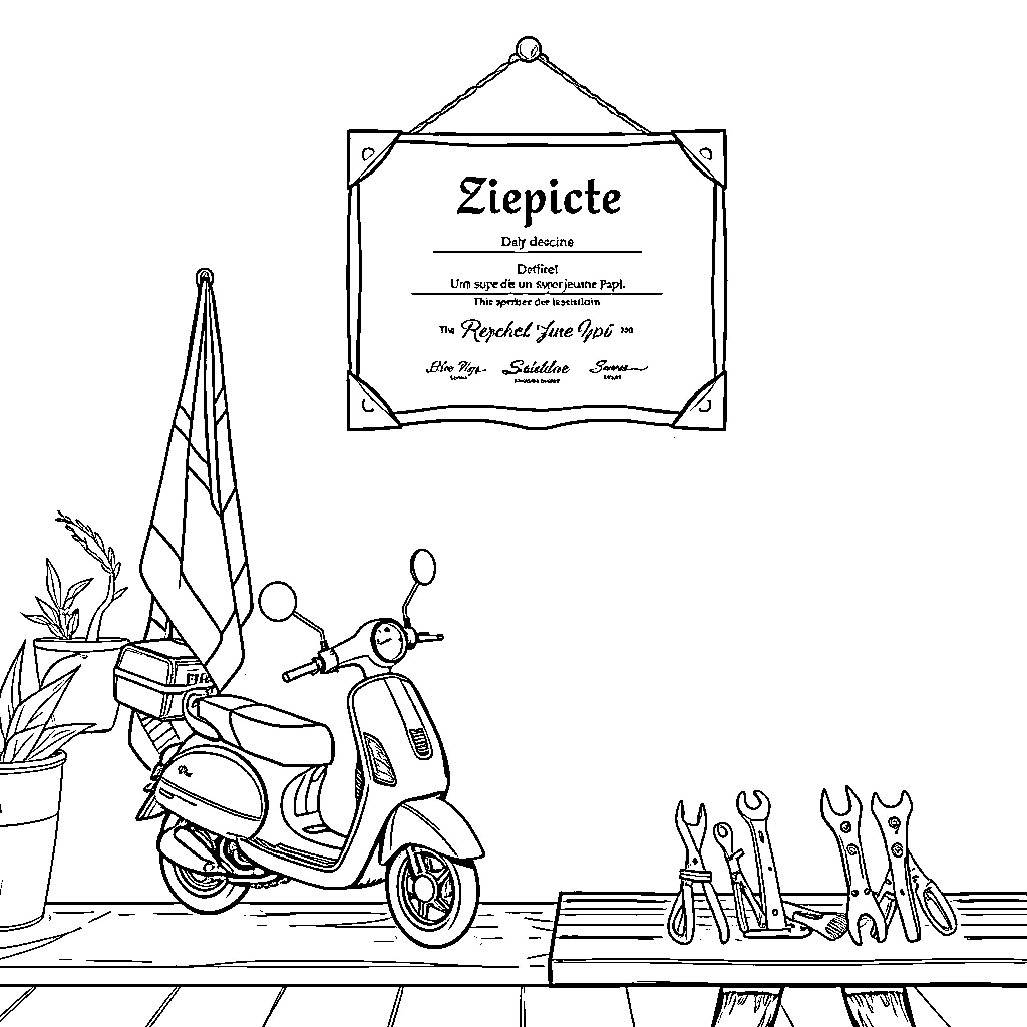 Diploma ceremony with motorcycle and tools Coloring Page (free black-and-white line drawing printable PDF for all, from beginners to advanced learners, including children, teens, adults, and seniors)