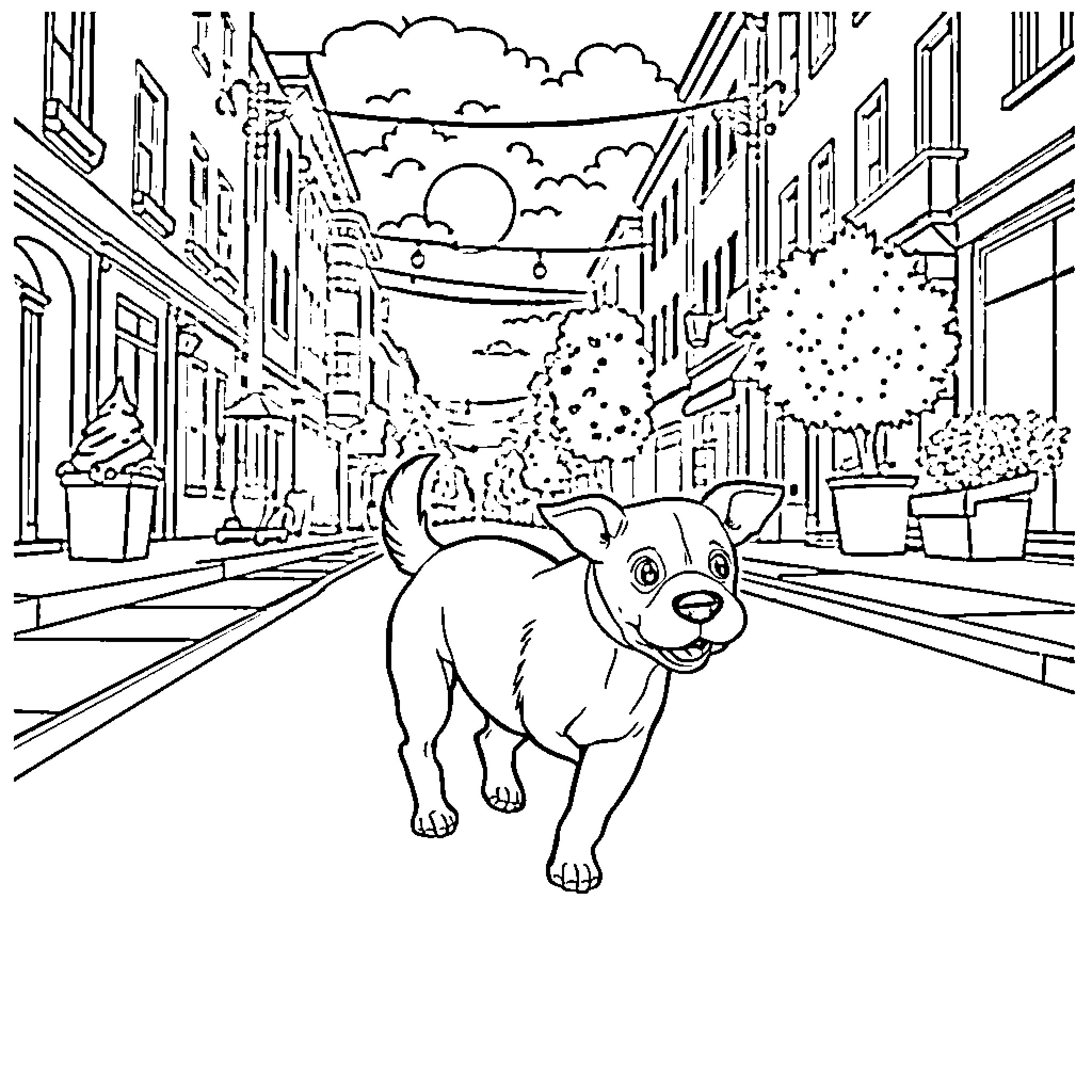 Dog exploring the city streets Coloring Page (free black-and-white line drawing printable PDF for all, from beginners to advanced learners, including children, teens, adults, and seniors)