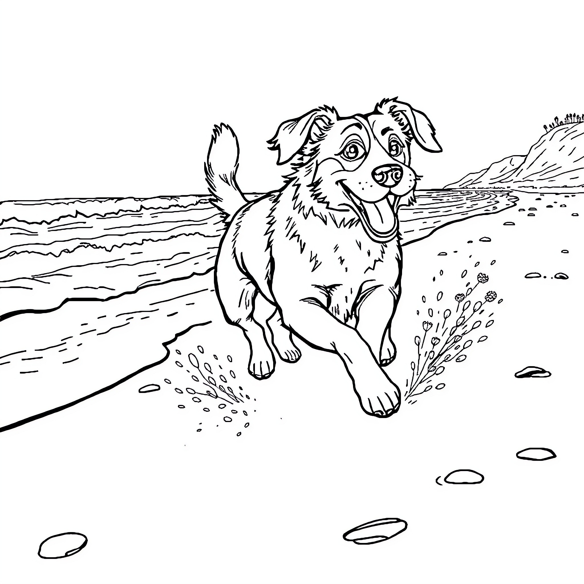 Dog happily running on the beach Coloring Page (free black-and-white line drawing printable PDF for all, from beginners to advanced learners, including children, teens, adults, and seniors)