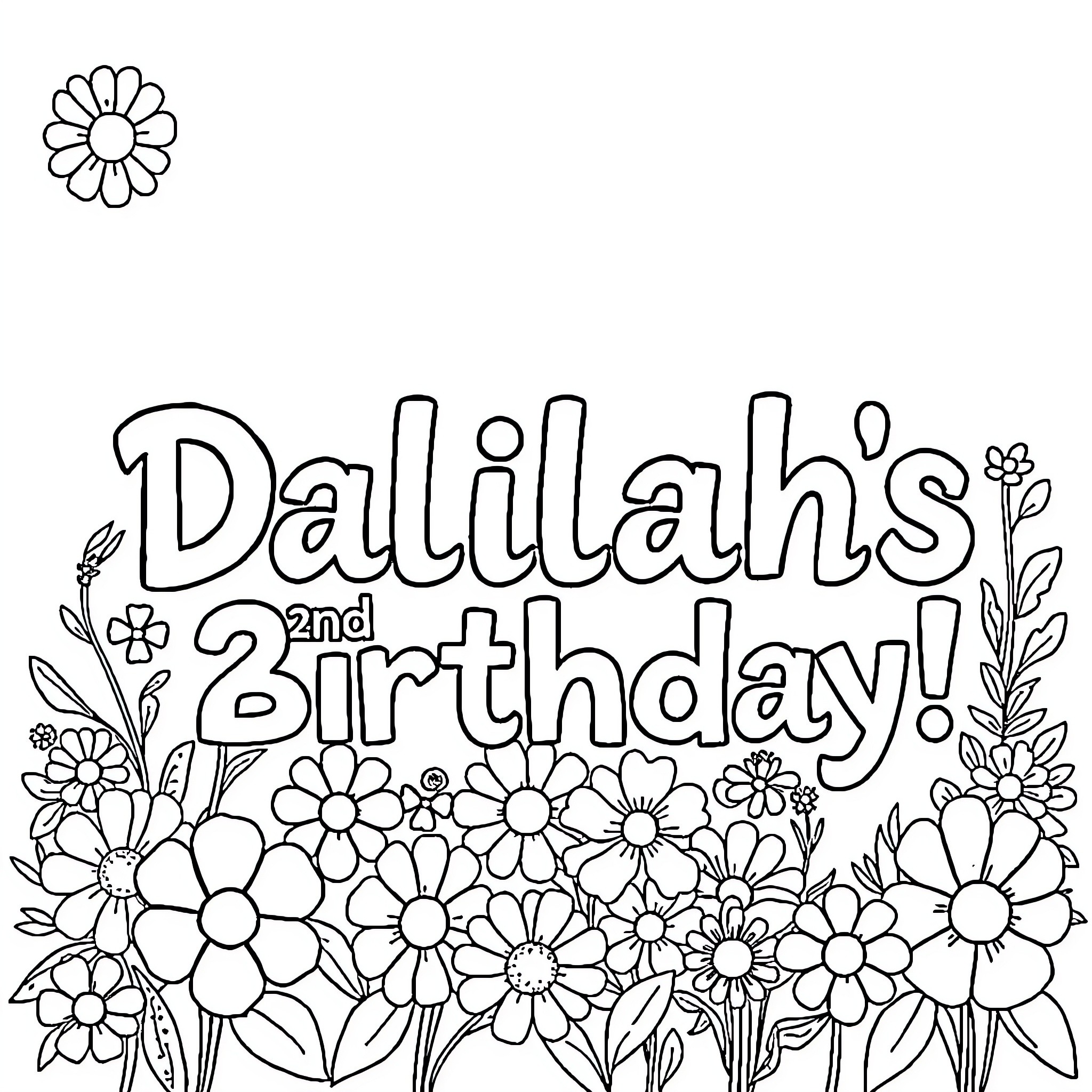 Birthday celebration with floral decorations Coloring Page (free black-and-white line drawing printable PDF for all, from beginners to advanced learners, including children, teens, adults, and seniors)