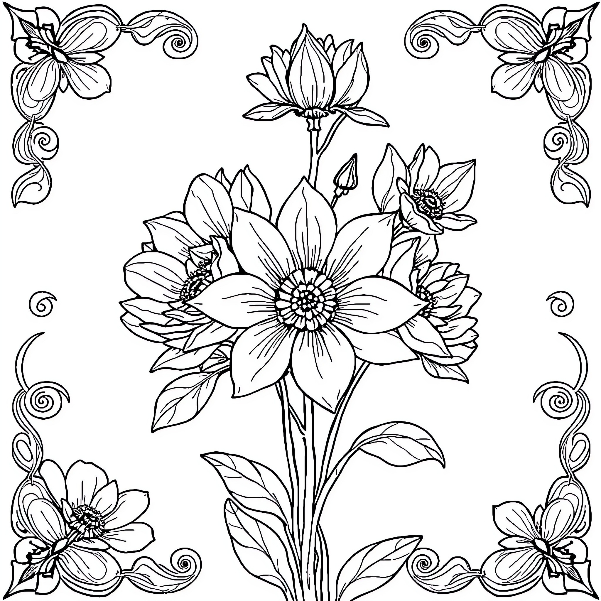 Flower Bouquet with Ornamental Flourishes Coloring Page (free black-and-white line drawing printable PDF for all, from beginners to advanced learners, including children, teens, adults, and seniors)