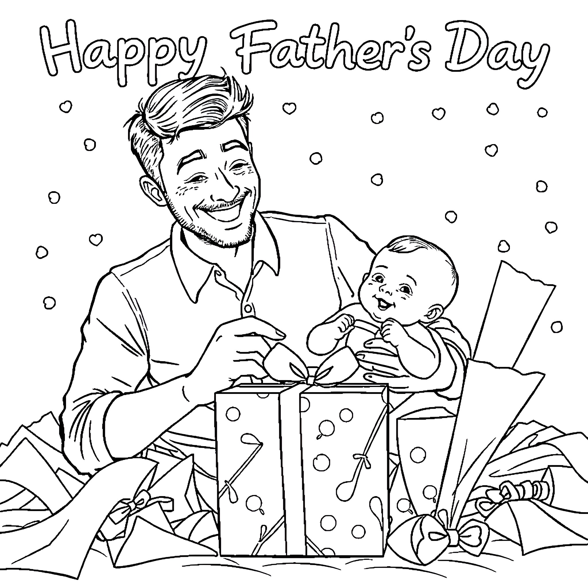 Father playing joyfully with baby in gift box Coloring Page (free black-and-white line drawing printable PDF for all, from beginners to advanced learners, including children, teens, adults, and seniors)