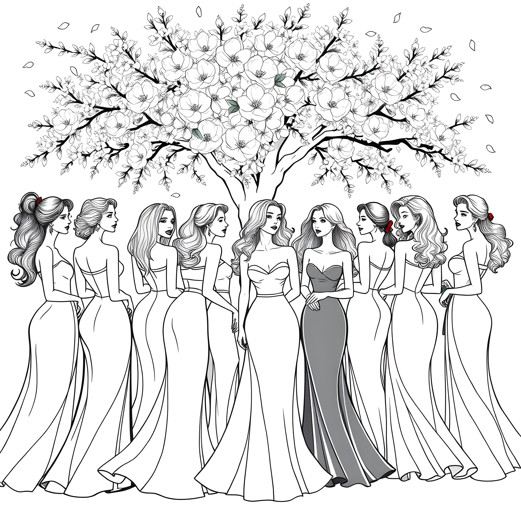 Woman in elegant gowns gathered beneath blooming tree Coloring Page (free black-and-white line drawing printable PDF for all, from beginners to advanced learners, including children, teens, adults, and seniors)
