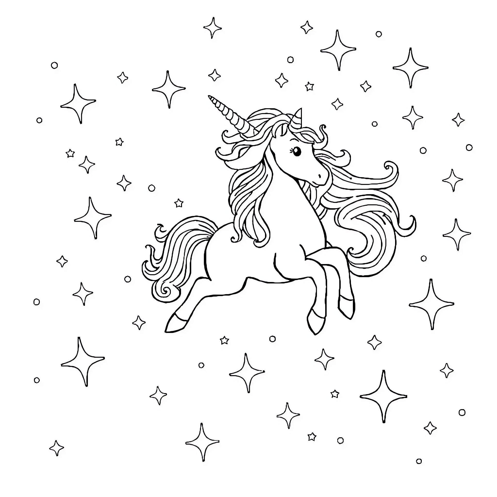 Unicorn dancing among twinkling stars Coloring Page (free black-and-white line drawing printable PDF for all, from beginners to advanced learners, including children, teens, adults, and seniors)