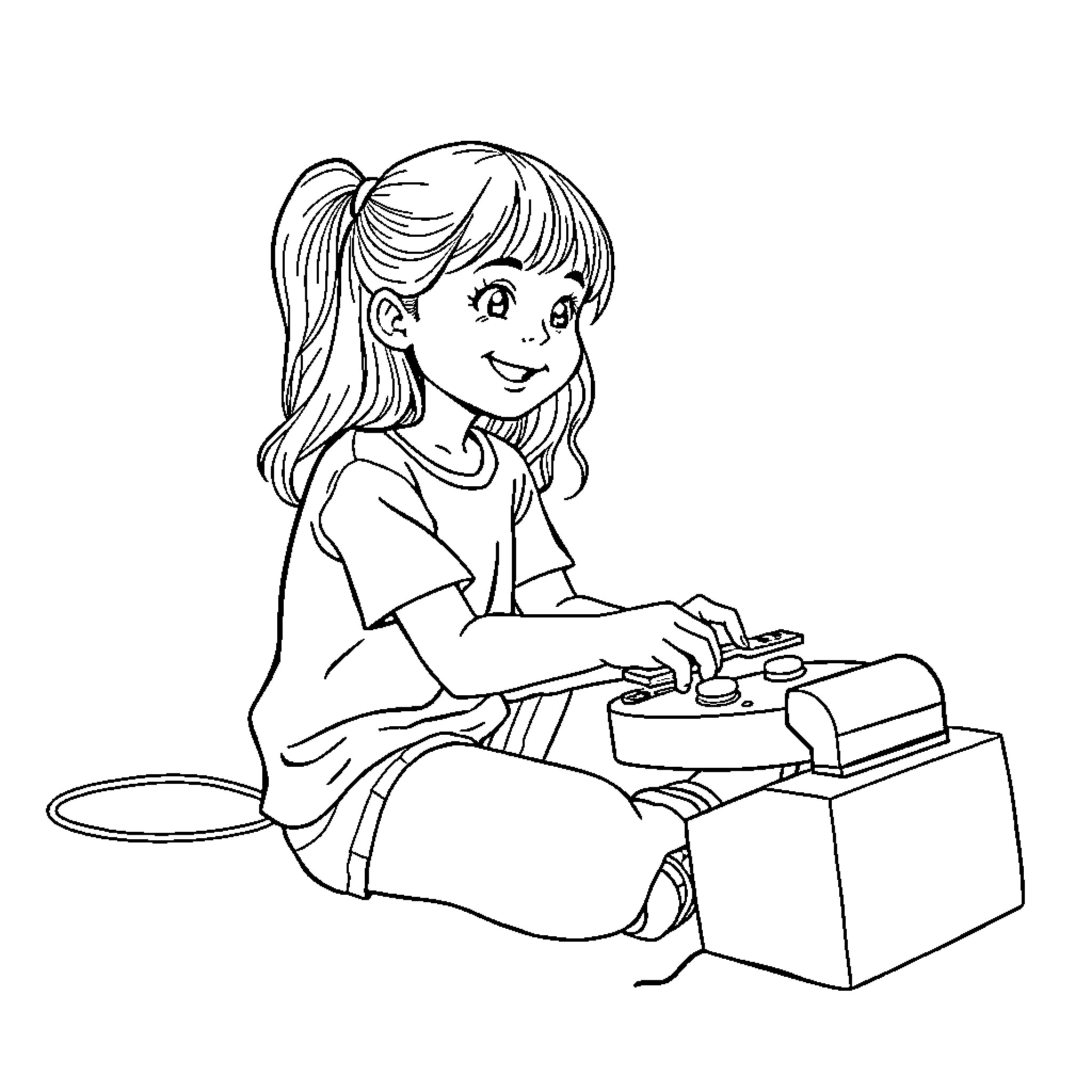 Girl happily playing video game Coloring Page (free black-and-white line drawing printable PDF for all, from beginners to advanced learners, including children, teens, adults, and seniors)