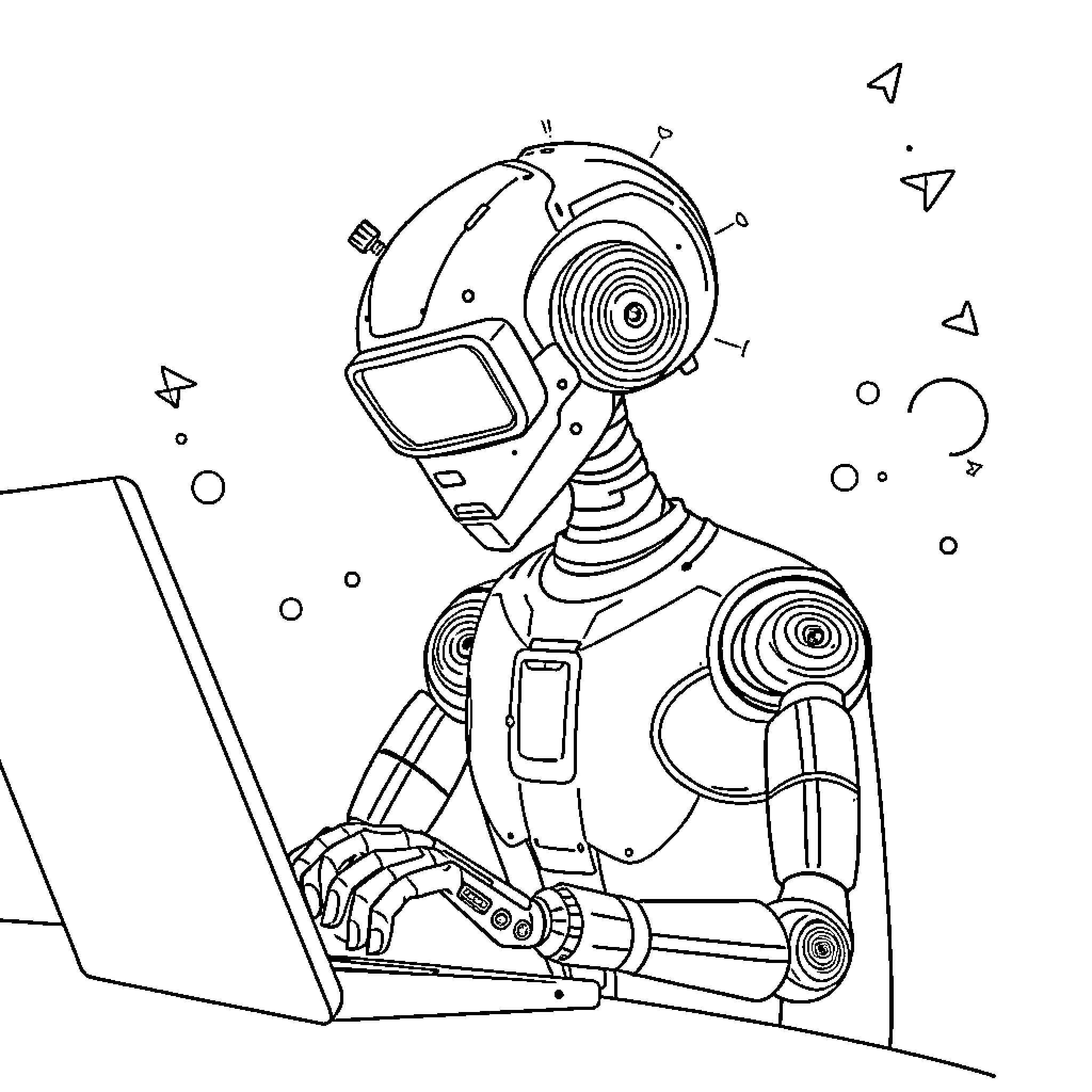AI Robot using laptop in digital space Coloring Page (free black-and-white line drawing printable PDF for all, from beginners to advanced learners, including children, teens, adults, and seniors)
