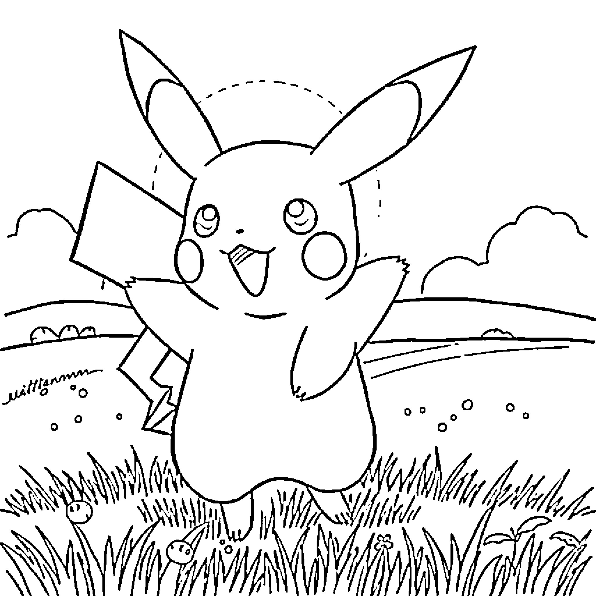 Pikachu enjoying a playful outdoor scene Coloring Page (free black-and-white line drawing printable PDF for all, from beginners to advanced learners, including children, teens, adults, and seniors)