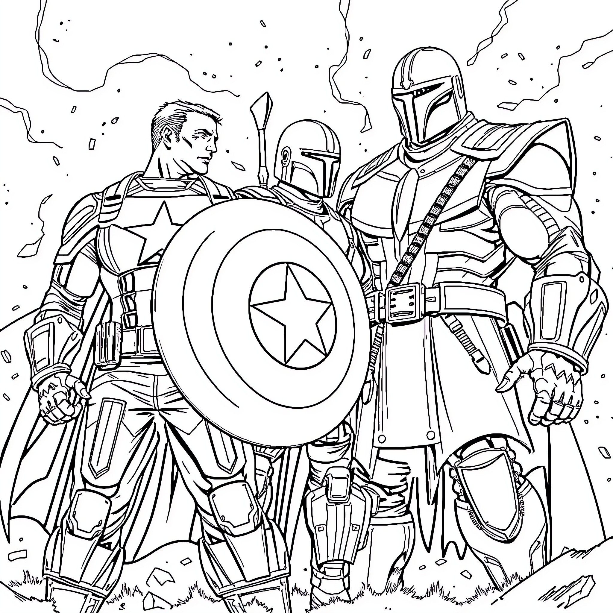 Captain America and the Mandalorian Warrior in Action Coloring Page (free black-and-white line drawing printable PDF for all, from beginners to advanced learners, including children, teens, adults, and seniors)