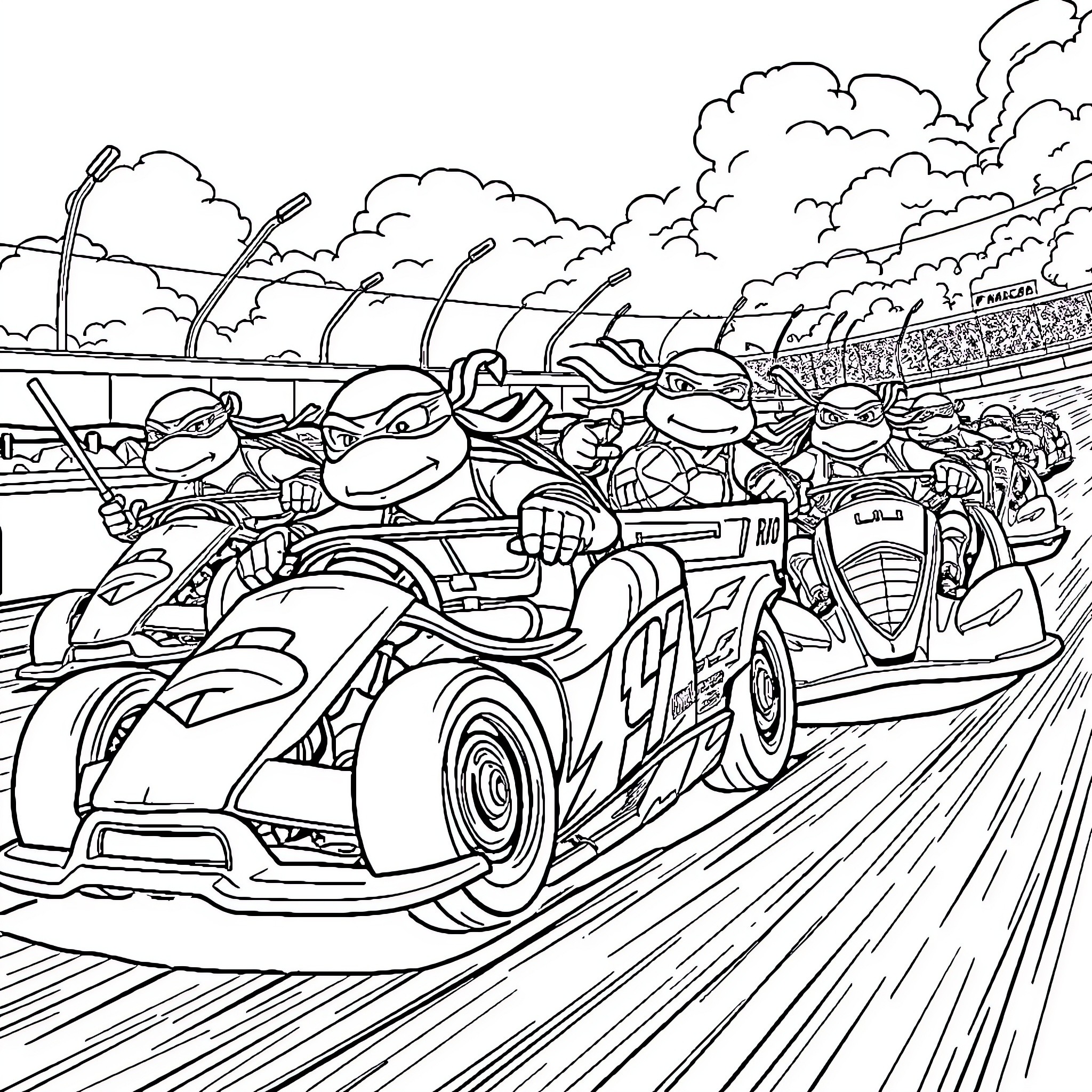 Ninja Turtles racing in high-speed go-karts on the track Coloring Page (free black-and-white line drawing printable PDF for all, from beginners to advanced learners, including children, teens, adults, and seniors)