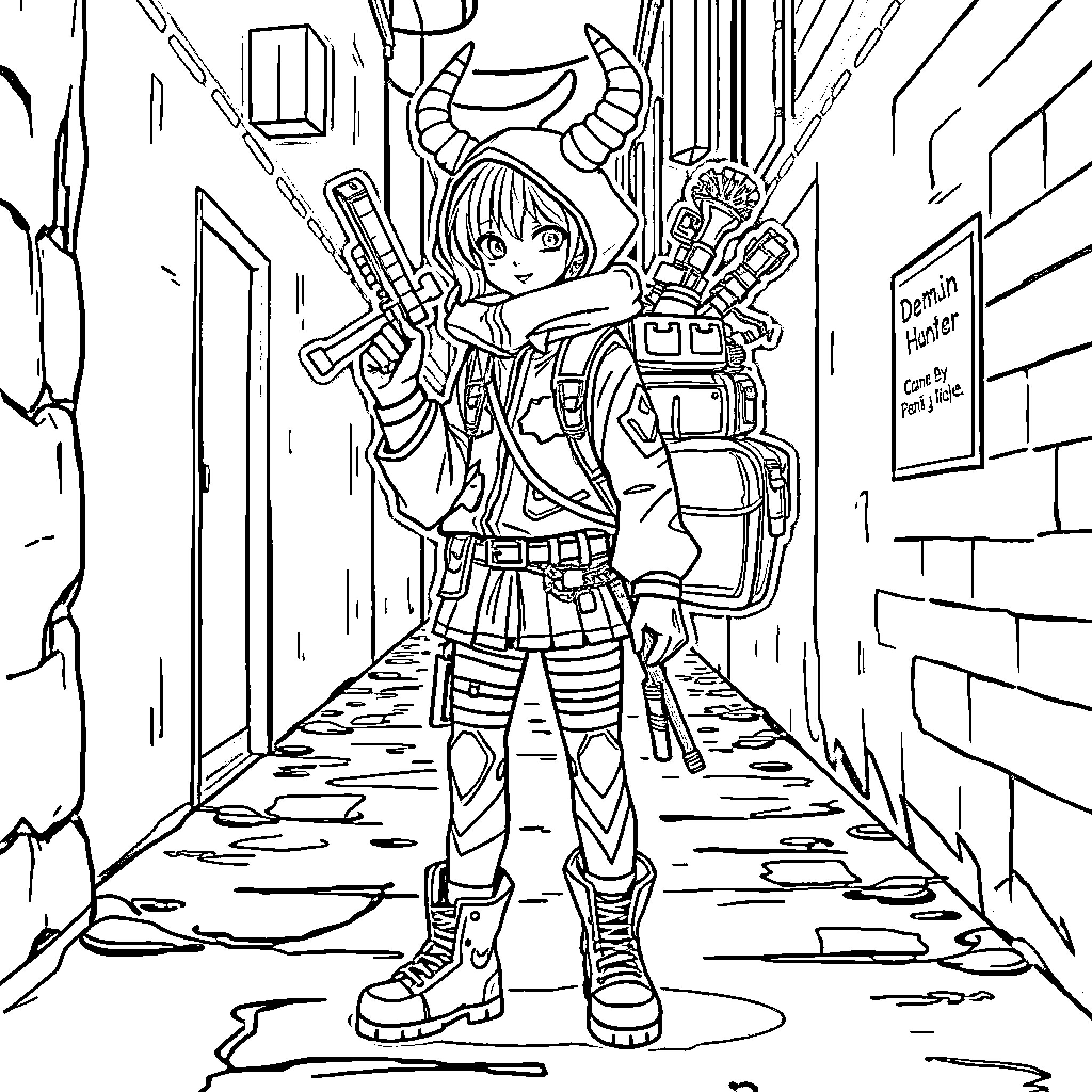 Demon Hunter in Combat Gear Exploring Dark Corridor Coloring Page (free black-and-white line drawing printable PDF for all, from beginners to advanced learners, including children, teens, adults, and seniors)