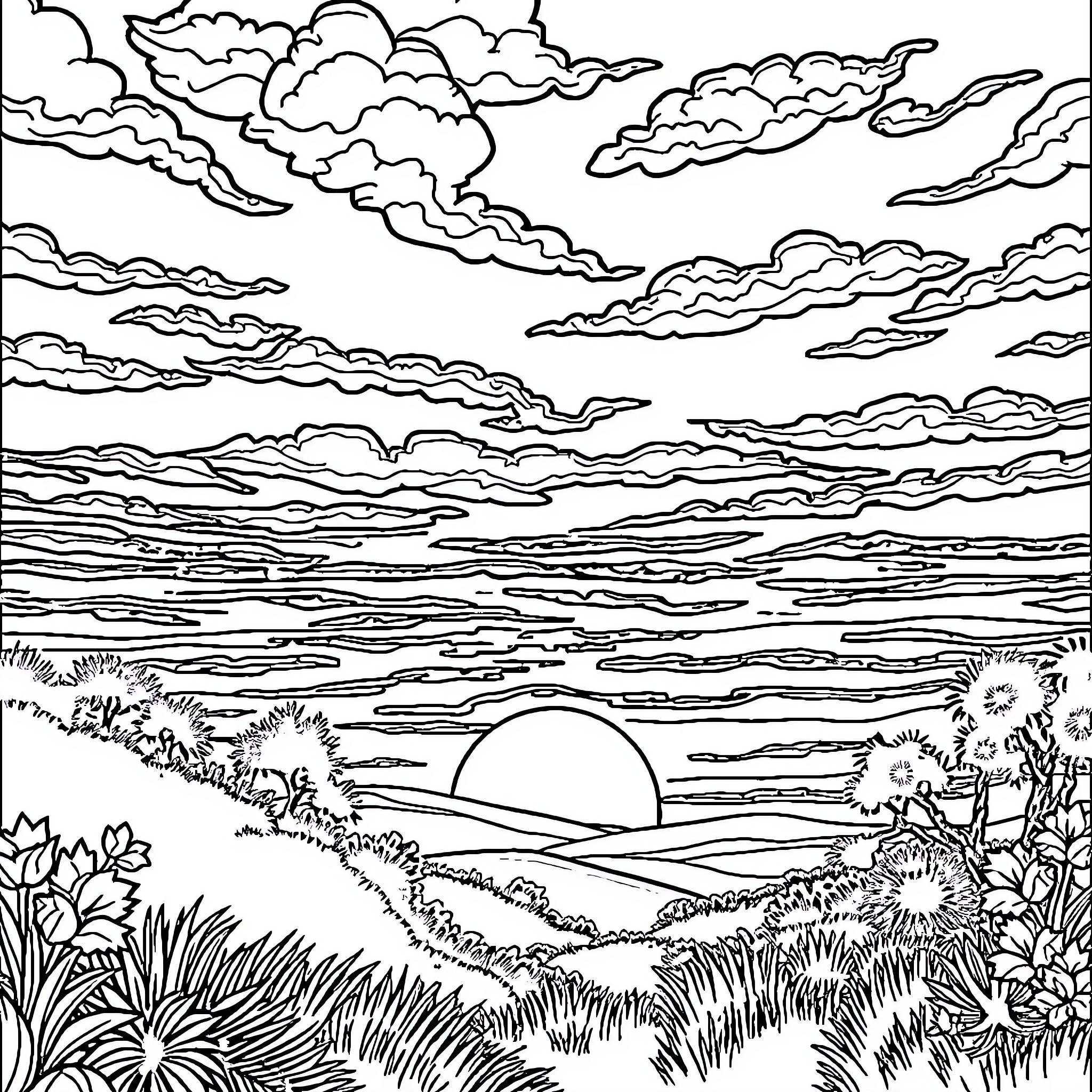 Sun Setting Over Tranquil Landscape Coloring Page (free black-and-white line drawing printable PDF for all, from beginners to advanced learners, including children, teens, adults, and seniors)