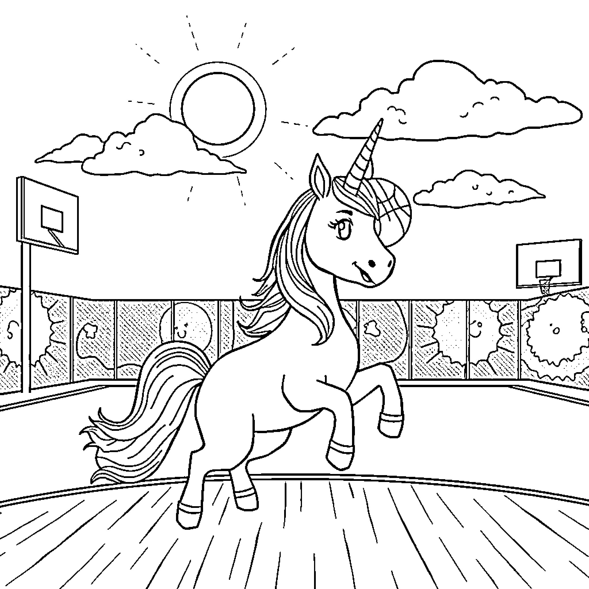Unicorn playing happily on the basketball court Coloring Page (free black-and-white line drawing printable PDF for all, from beginners to advanced learners, including children, teens, adults, and seniors)
