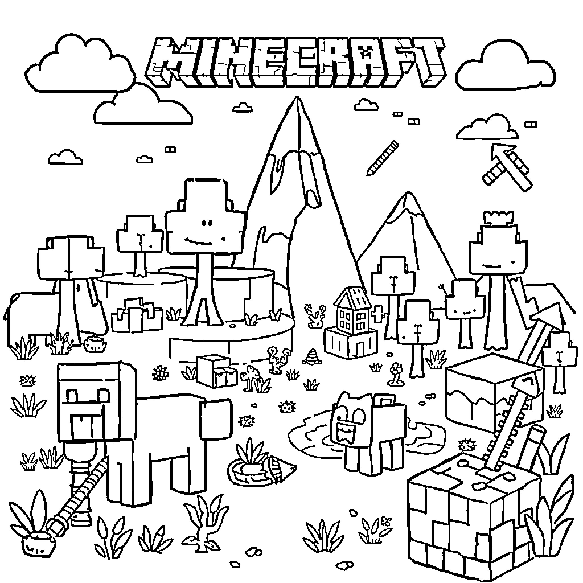 Minecraft Scene with Characters and Structures Coloring Page (free black-and-white line drawing printable PDF for all, from beginners to advanced learners, including children, teens, adults, and seniors)